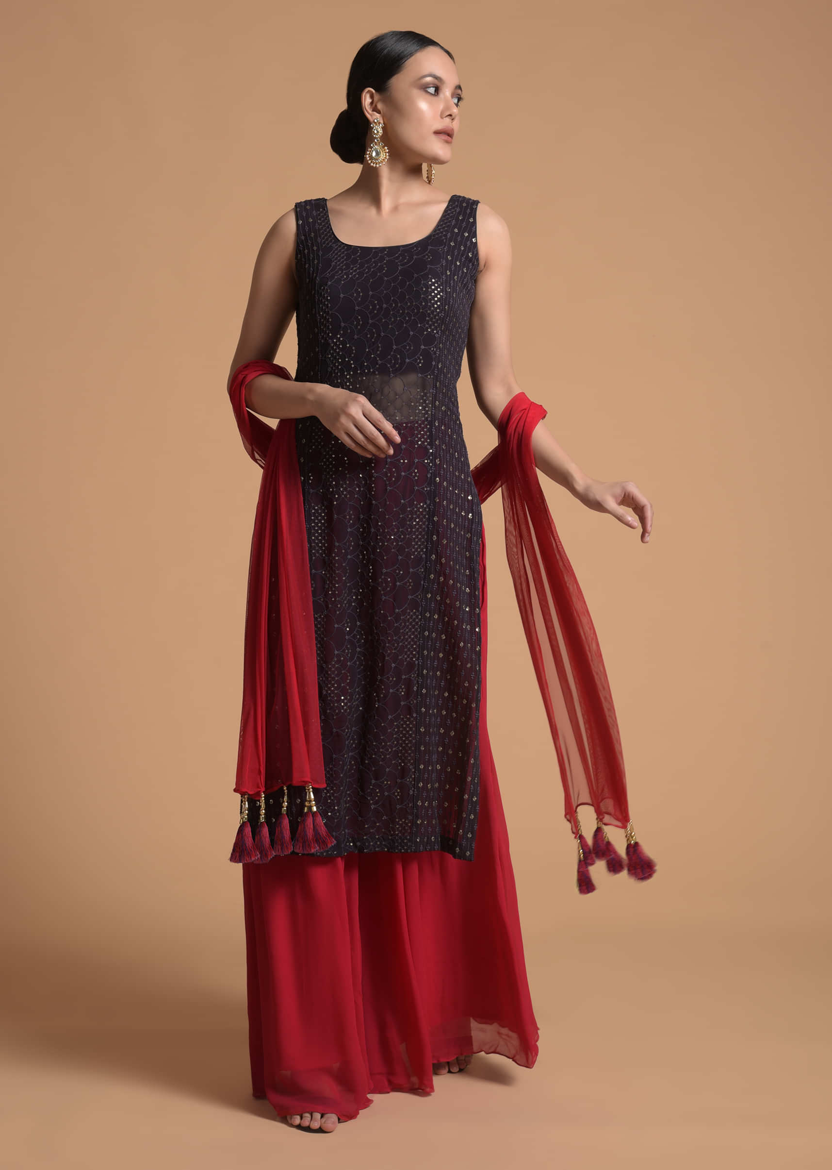 Dark Purple Straight Suit In Sheer Georgette With Lucknowi Work And Contrasting Red Palazzo Pants  