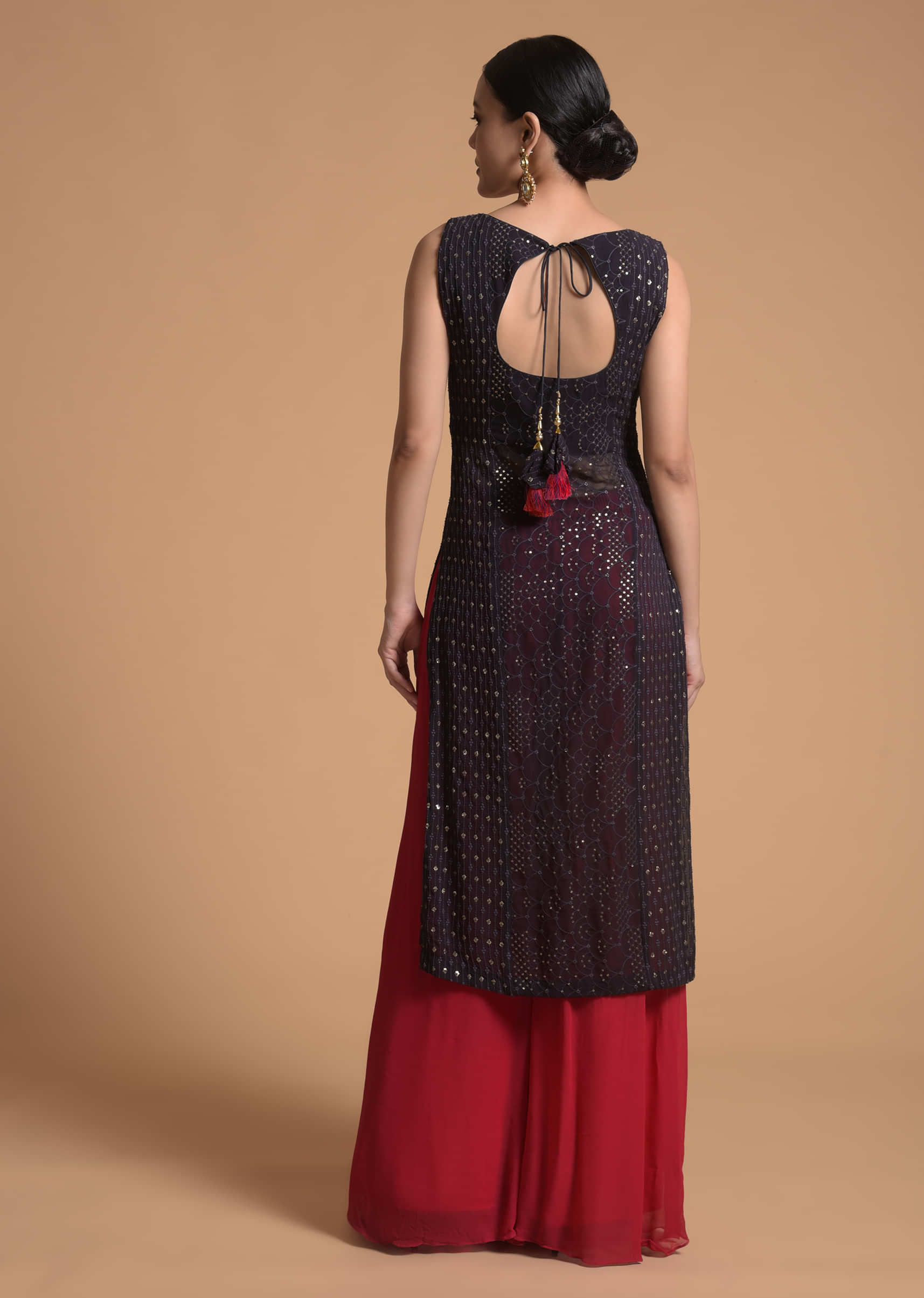 Buy Dark Purple Straight Suit In Sheer Georgette With Lucknowi Work And  Contrasting Fuchsia Palazzo Pants Online - Kalki Fashion
