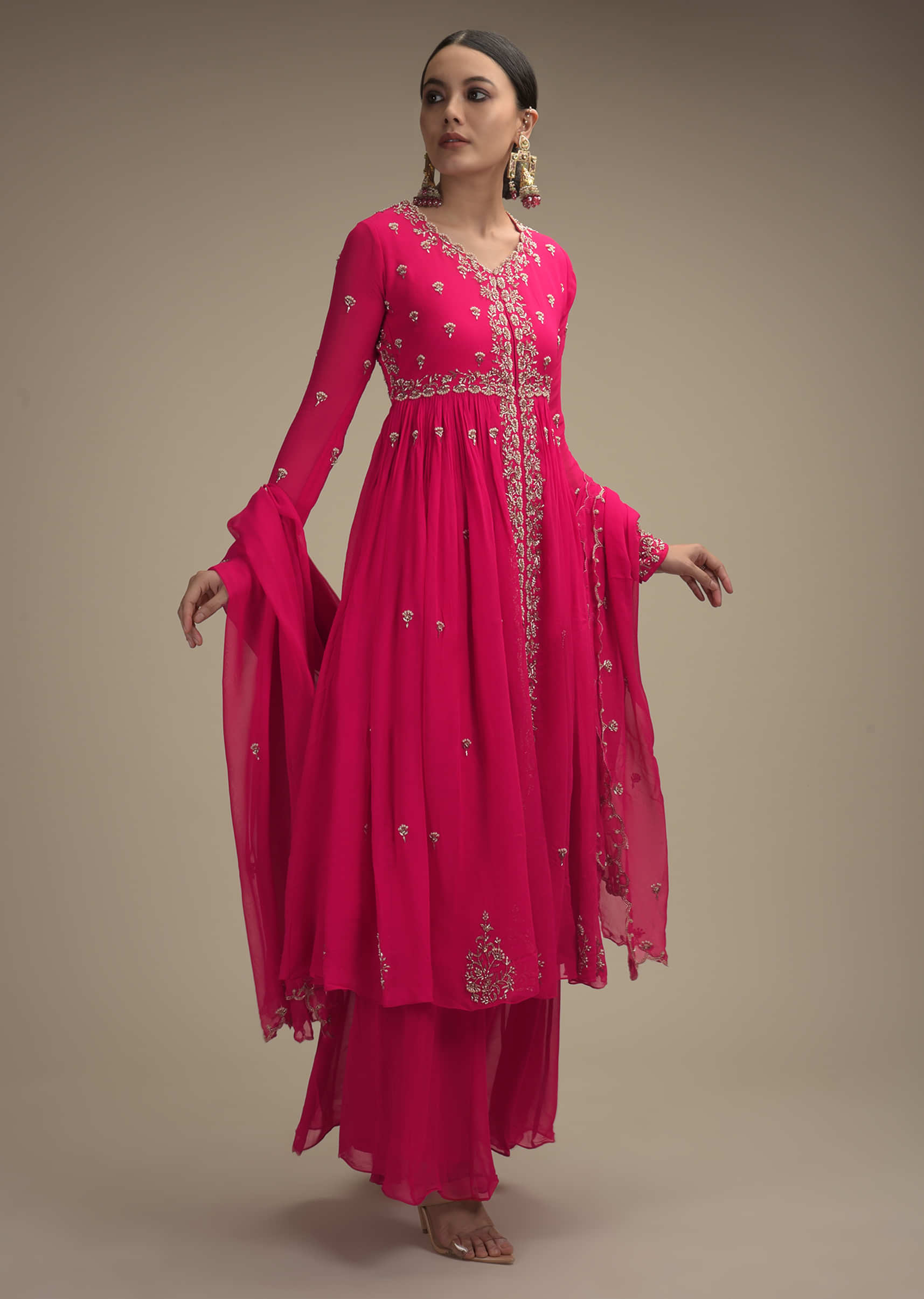 Hot pink Georgette Palazzo Suit with Cut Dana and Moti Flower Buttis