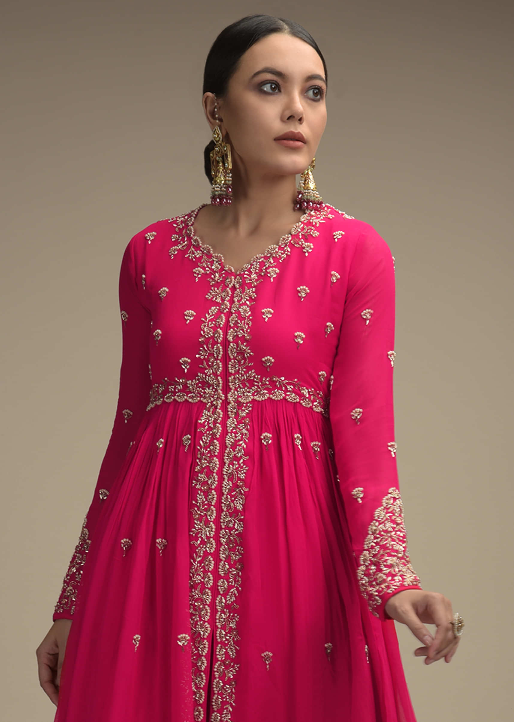 Hot Pink Palazzo Suit In Georgette With Cut Dana And Moti Embroidered Floral Buttis  