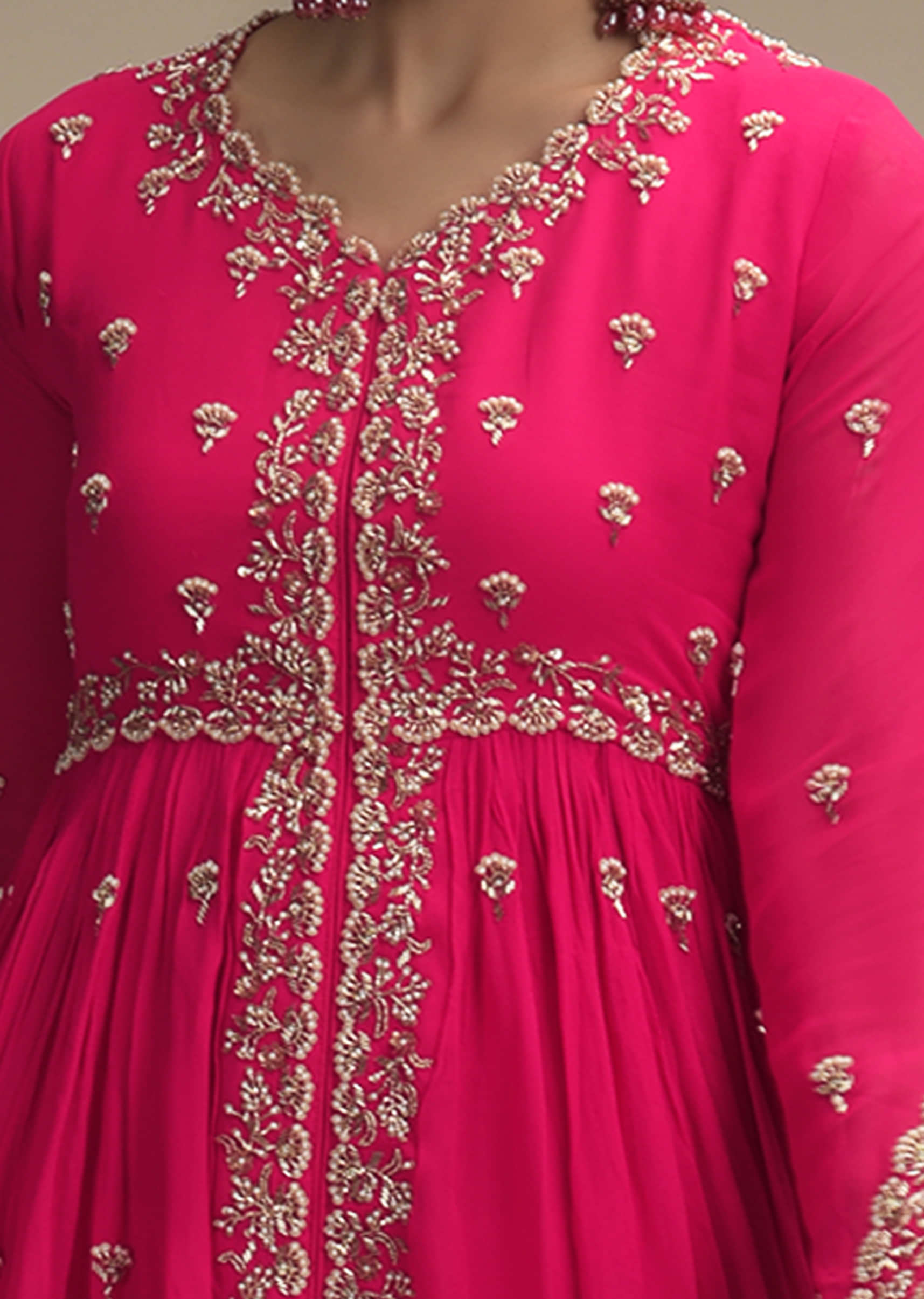 Hot pink Georgette Palazzo Suit with Cut Dana and Moti Flower Buttis