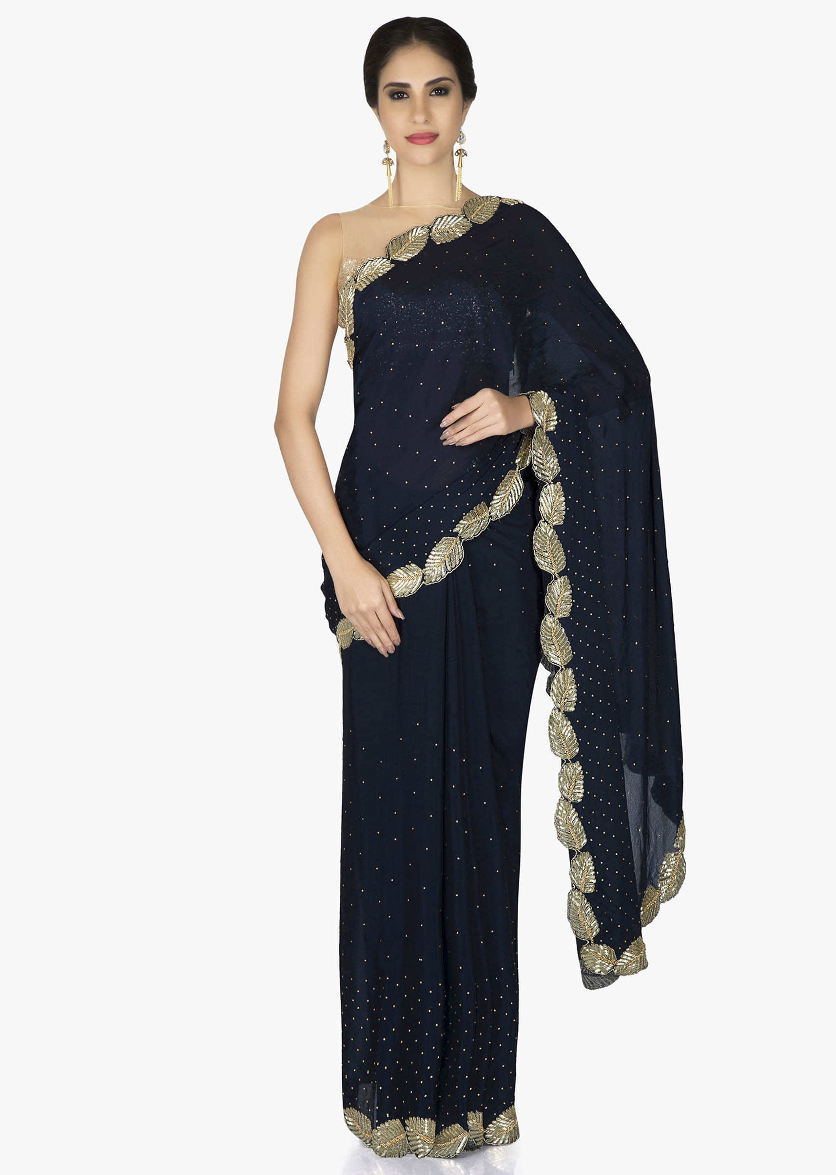 Black Saree In Crepe Chiffon And Blouse Styled With Zardosi Leaf Motifs Online - Kalki Fashion