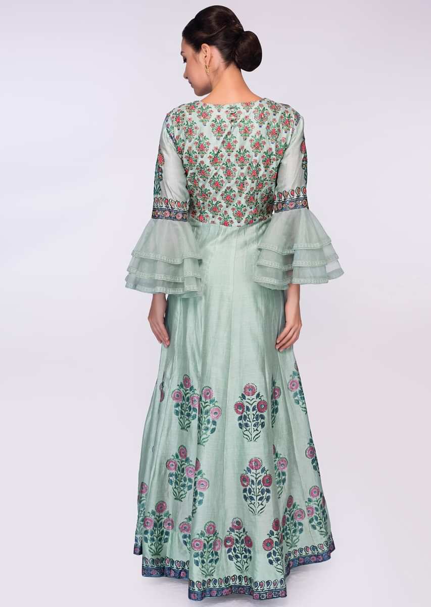 Turq blue cotton anarkali dress with  floral  printed butti  only on Kalki