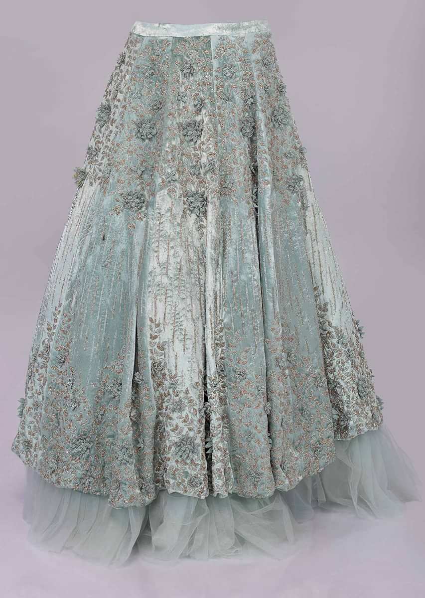 Aviary Blue Lehenga In Embroidered Velvet Paired With Matching Corset With Attached Draped Dupatta Online - Kalki Fashion