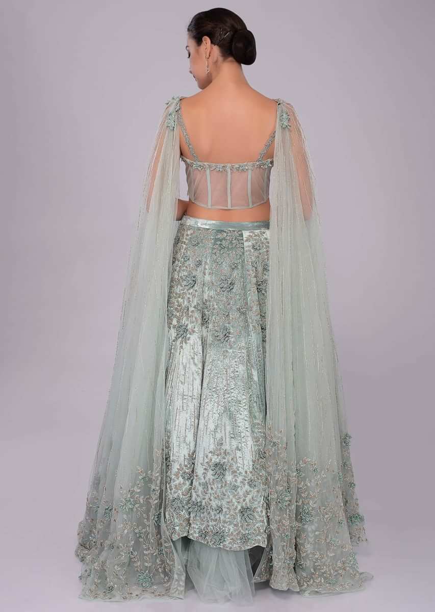 Aviary Blue Lehenga In Embroidered Velvet Paired With Matching Corset With Attached Draped Dupatta Online - Kalki Fashion