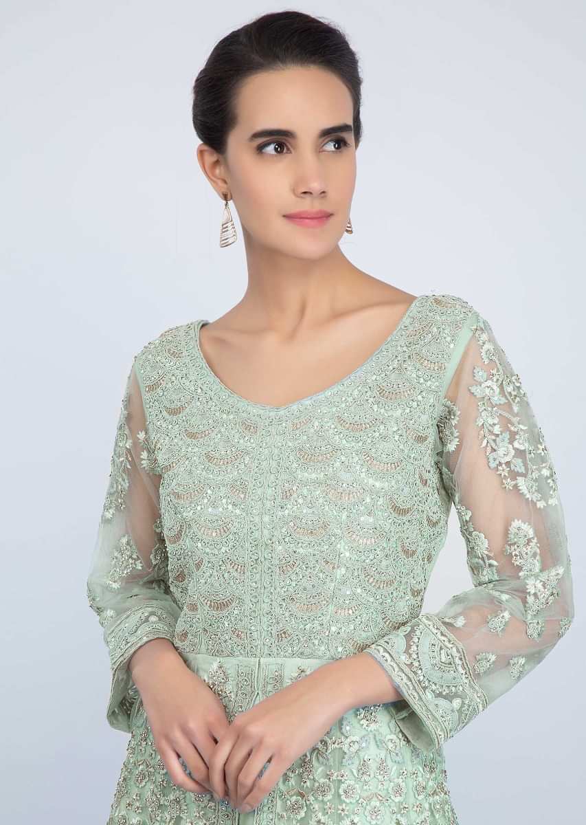 Sea Green Anarkali Suit In Embroidered Net With Front Slit Online - Kalki Fashion