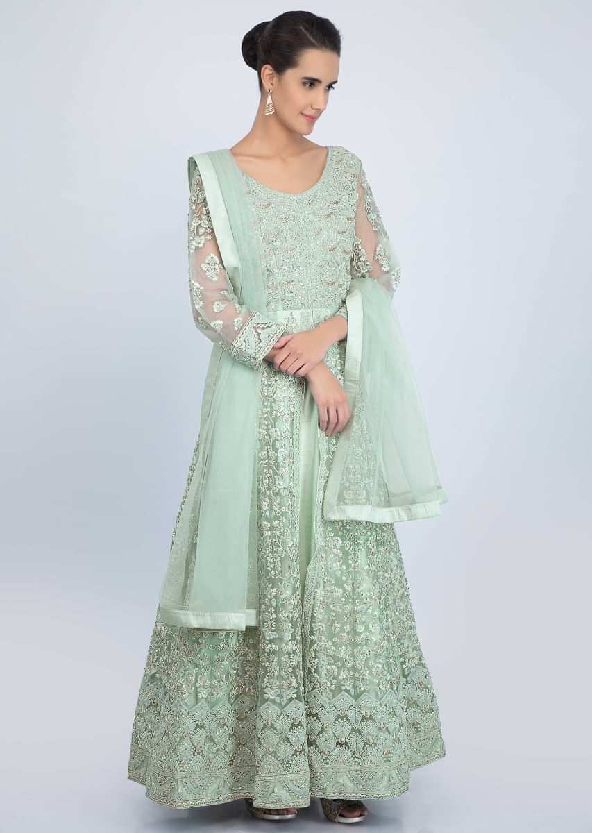 Sea Green Anarkali Suit In Embroidered Net With Front Slit Online - Kalki Fashion