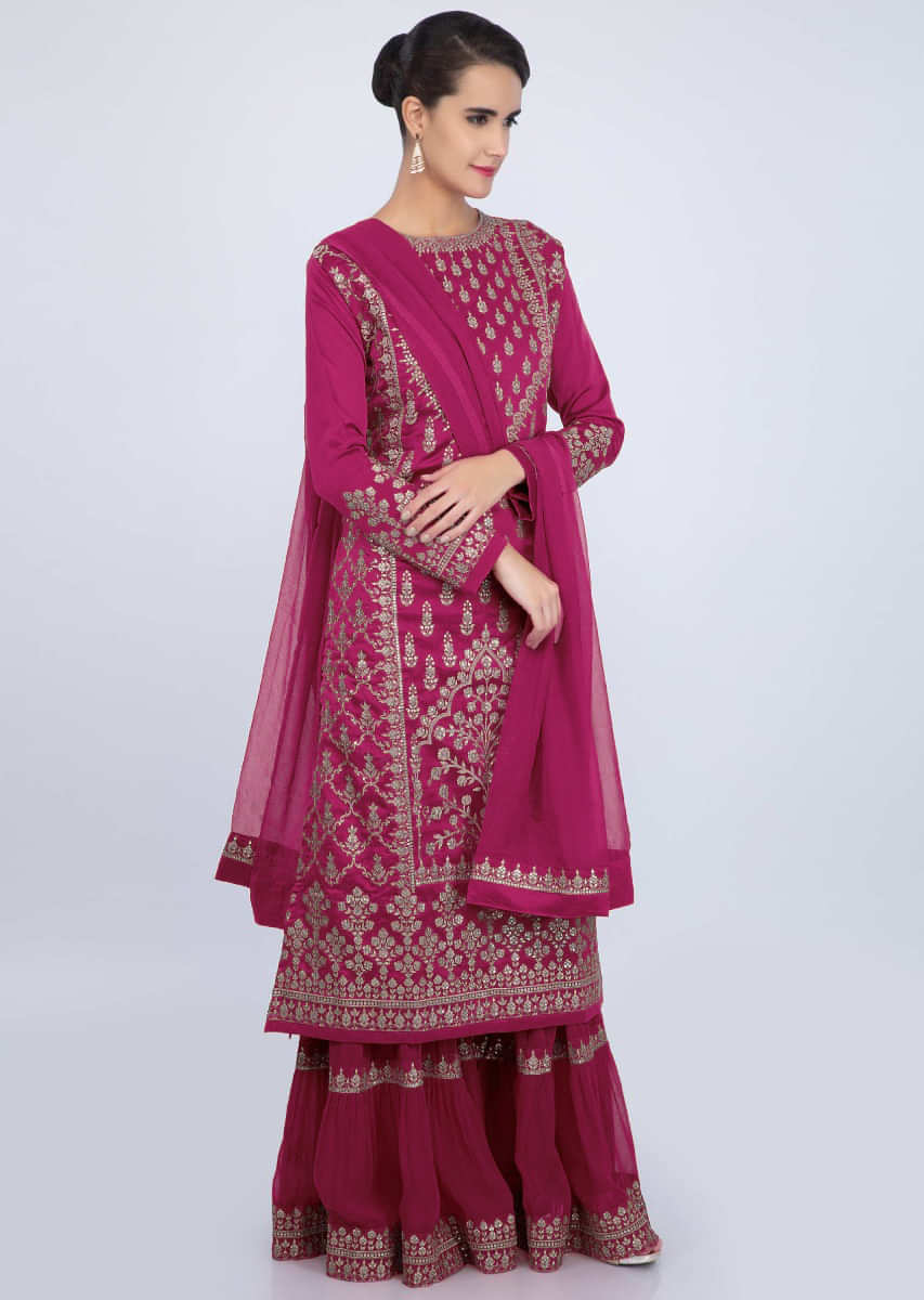 Fuchsia Pink Sharara Suit Set With Embroidery And Butti Online - Kalki Fashion