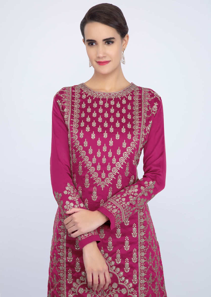 Fuchsia Pink Sharara Suit Set With Embroidery And Butti Online - Kalki Fashion