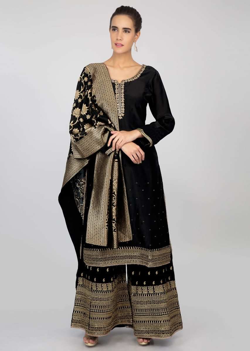 Black Palazzo Suit Set With Golden Weaved And Zari Embroidery  