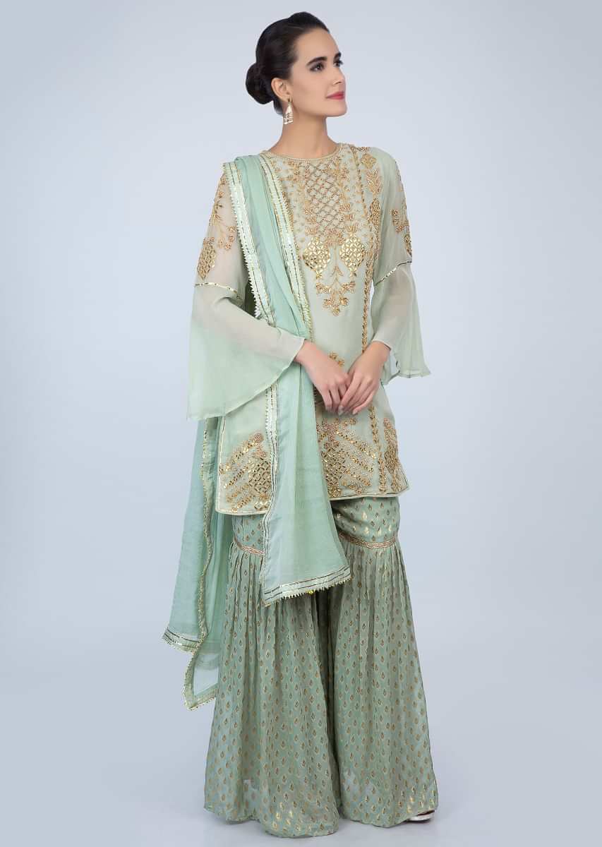 Pista Green Sharara Suit Set In Georgette With Front Panel Embroidery And Side Butti Online - Kalki Fashion