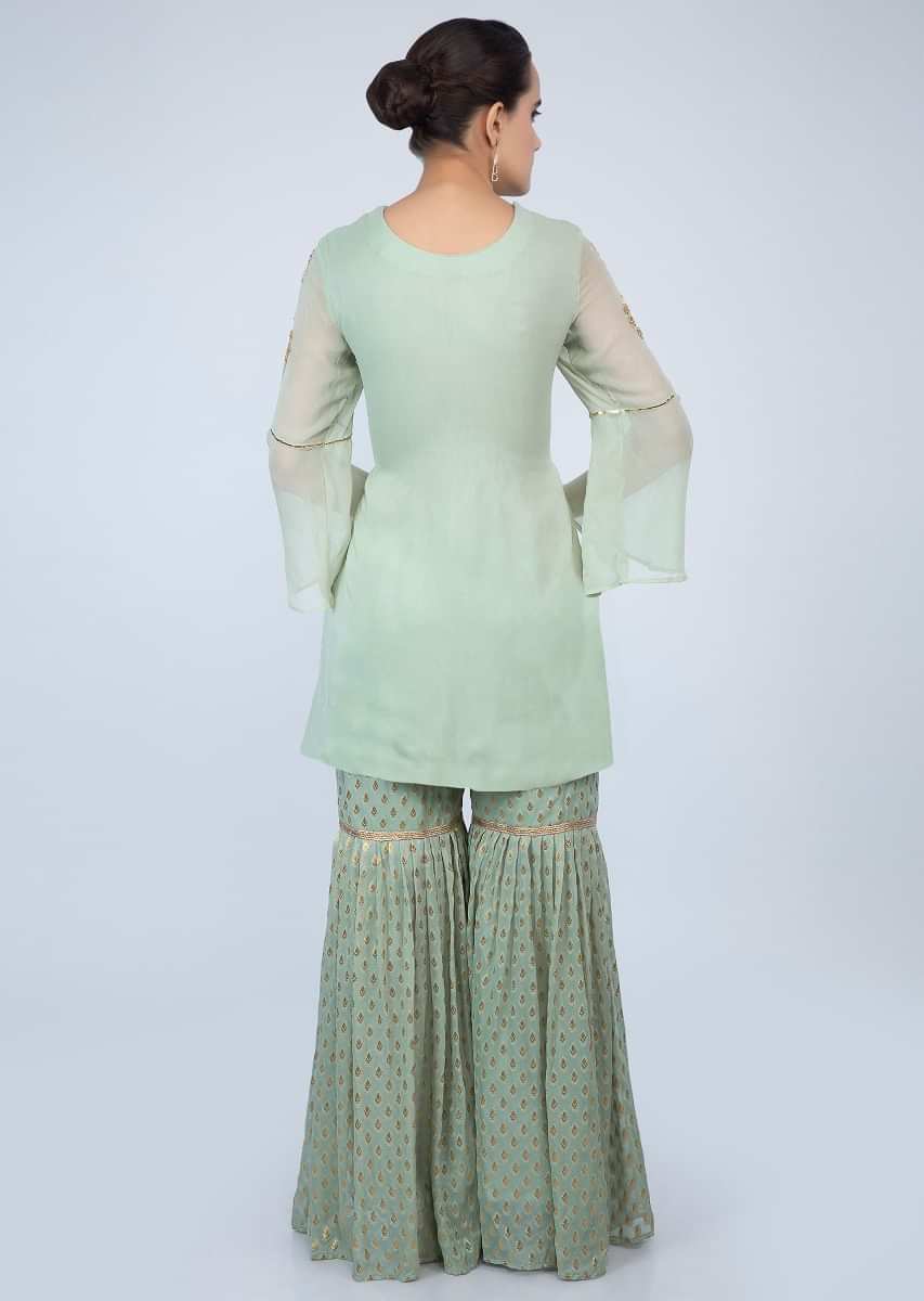 Pista Green Sharara Suit Set In Georgette With Front Panel Embroidery And Side Butti Online - Kalki Fashion