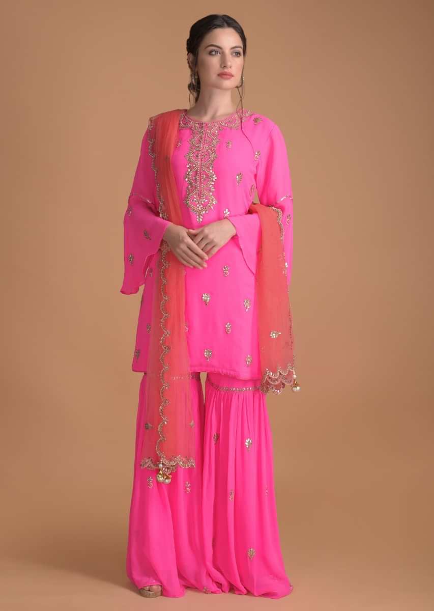 Buy Bubble Gum Pink Sharara Suit With Gotta Patch Work And Flared ...