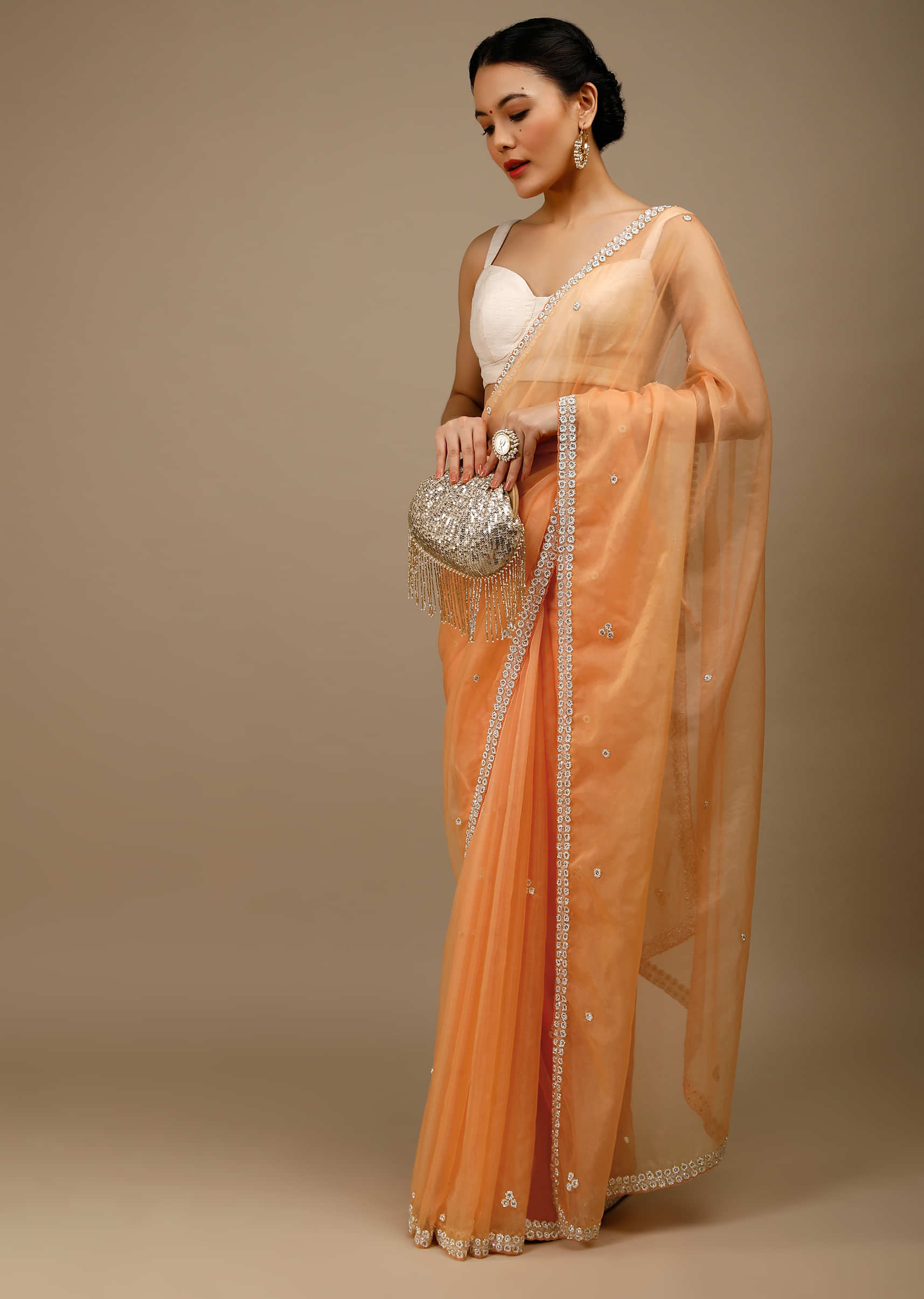 Pumpkin Orange Saree In Organza With Moti Beads And Stone Embroidered Round Motifs On The Border And Butti Design  
