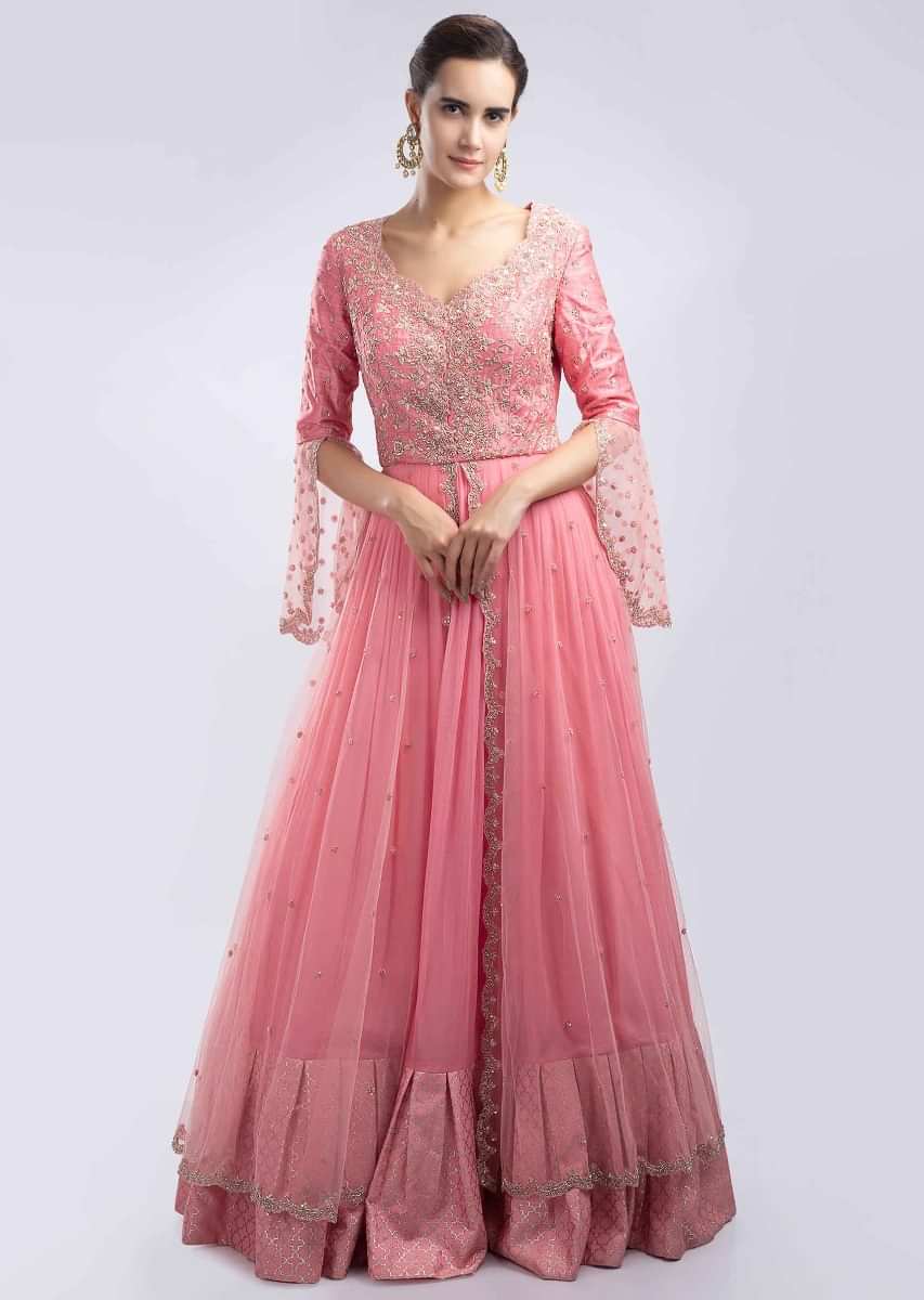 Buy Punch Pink Anarkali Dress Embellished In Zardosi, Sequins