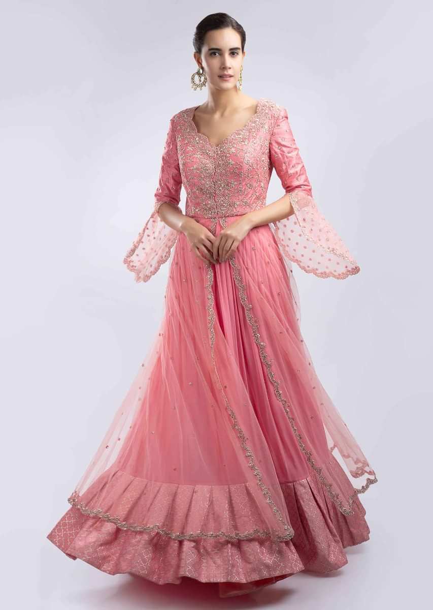 Buy Punch Pink Anarkali Dress Embellished In Zardosi, Sequins, Cut