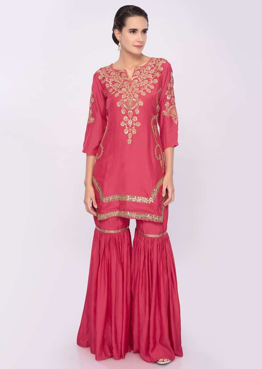 Punch pink cotton silk gotta patch embroidered sharara suit set only on Kalki