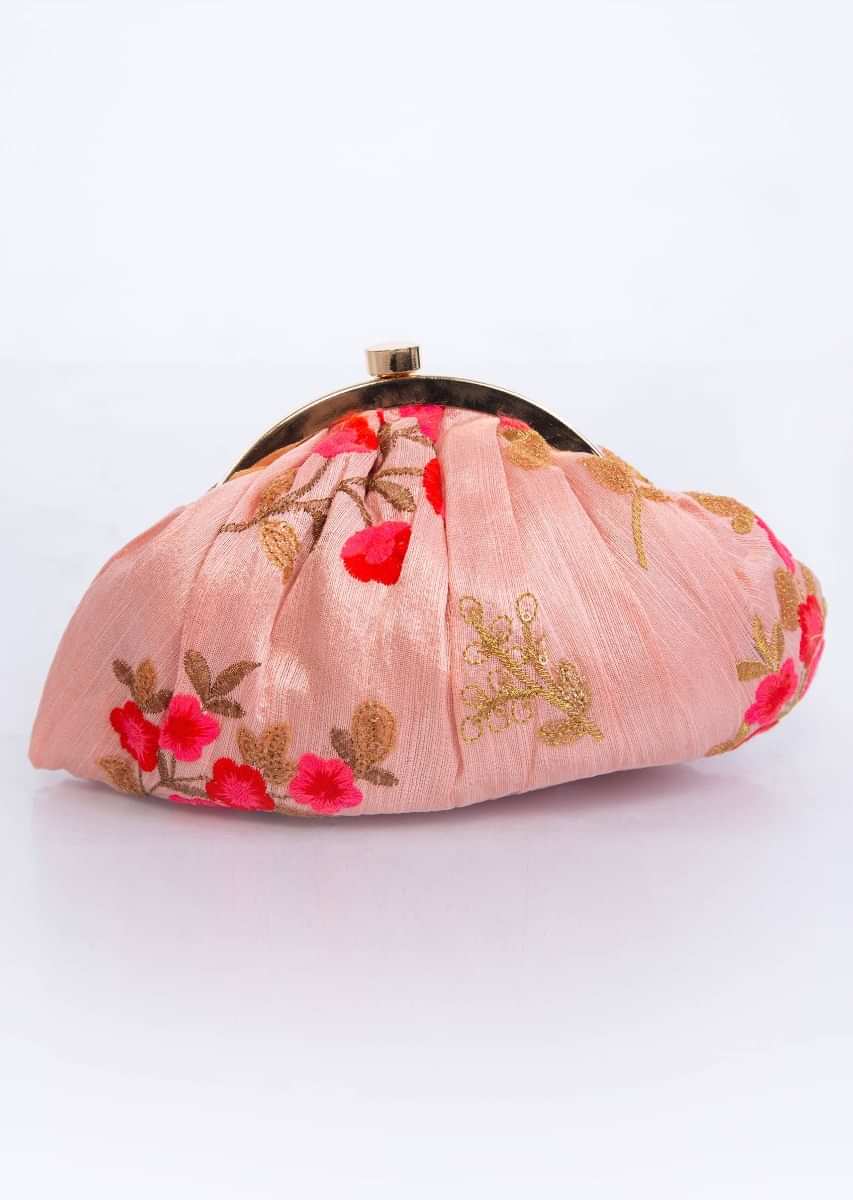 Punch pink floral embroidered raw silk clutch with detachable chain only on Kalki