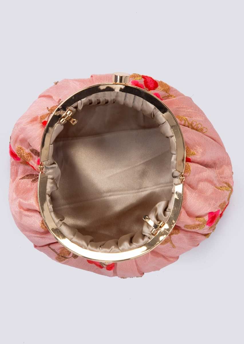 Punch pink floral embroidered raw silk clutch with detachable chain only on Kalki