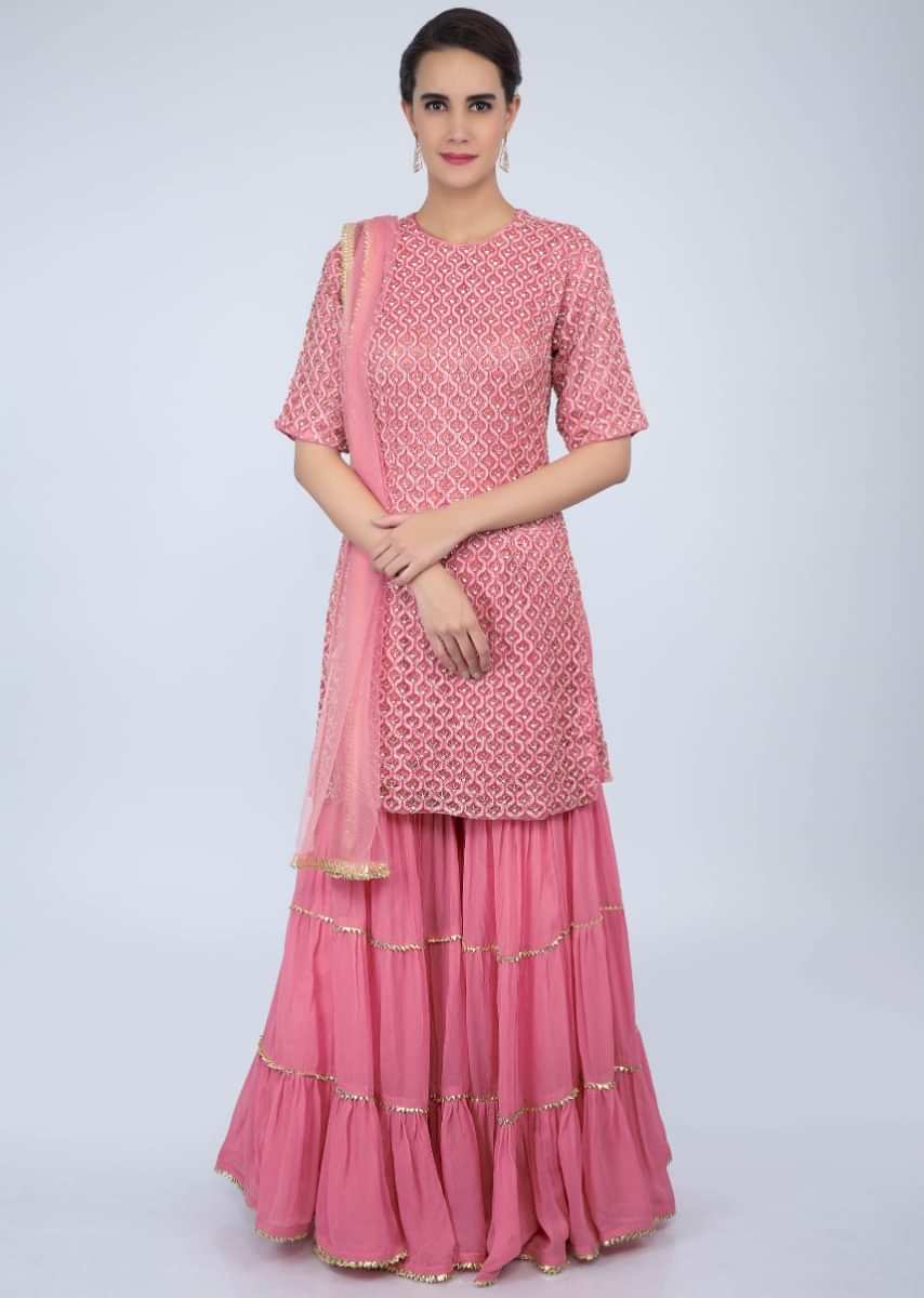 Punch pink heavy embroidered sharara suit set with cut dana and sequins work only on Kalki