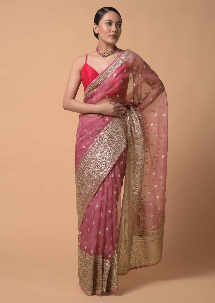 Punch Pink Saree In Organza With Zari Cord Embroidery In Floral And Paisley Motifs