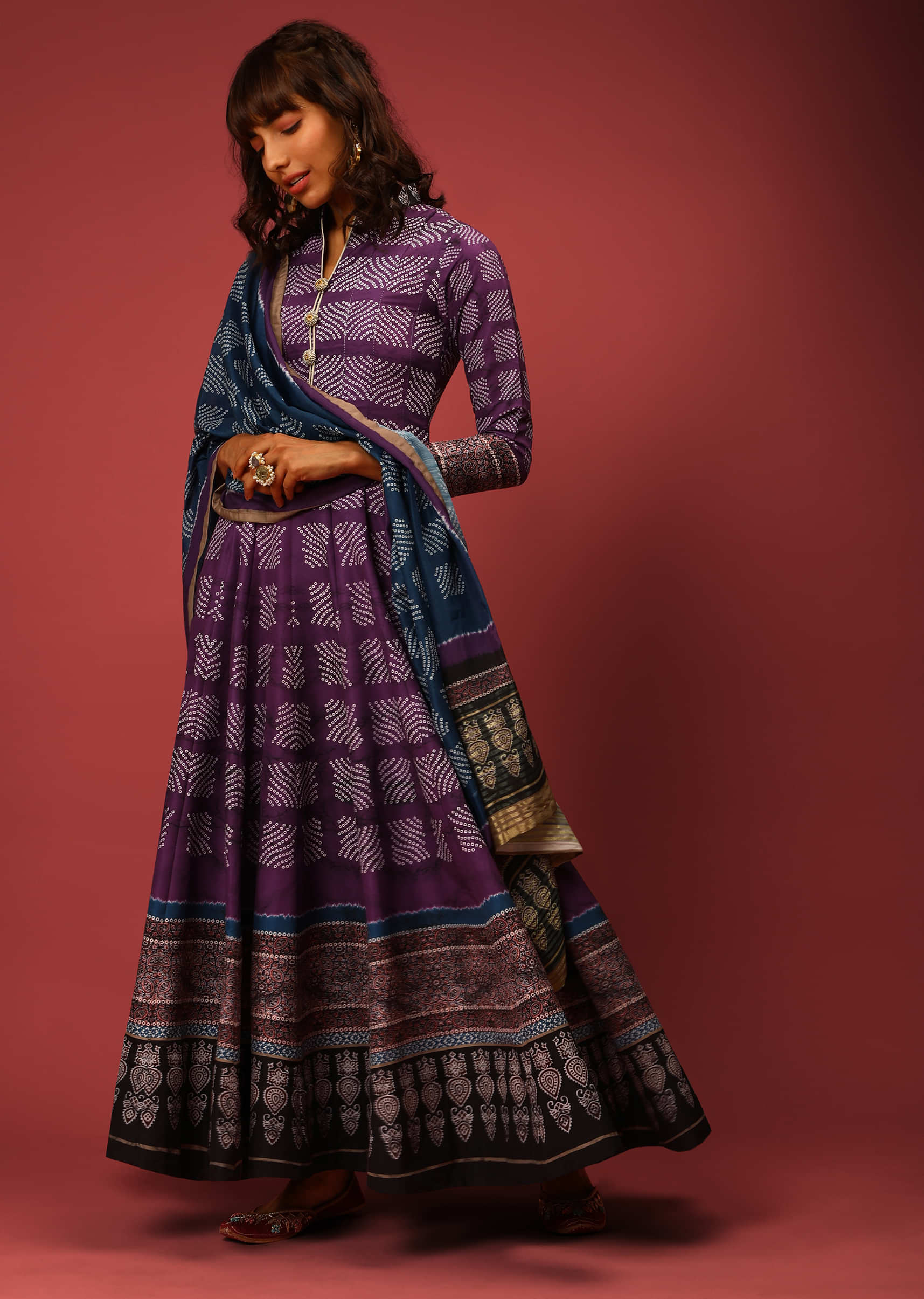 Purple Anarkali Suit In Silk With Bandhani Design All Over And Black Border With Ethnic Print  