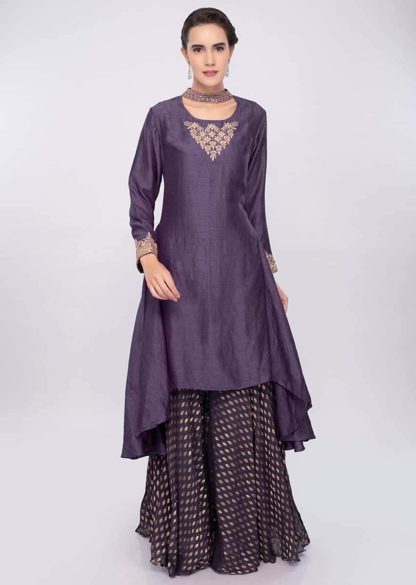 Purple asymmetric suit with weaved palazzo only on Kalki
