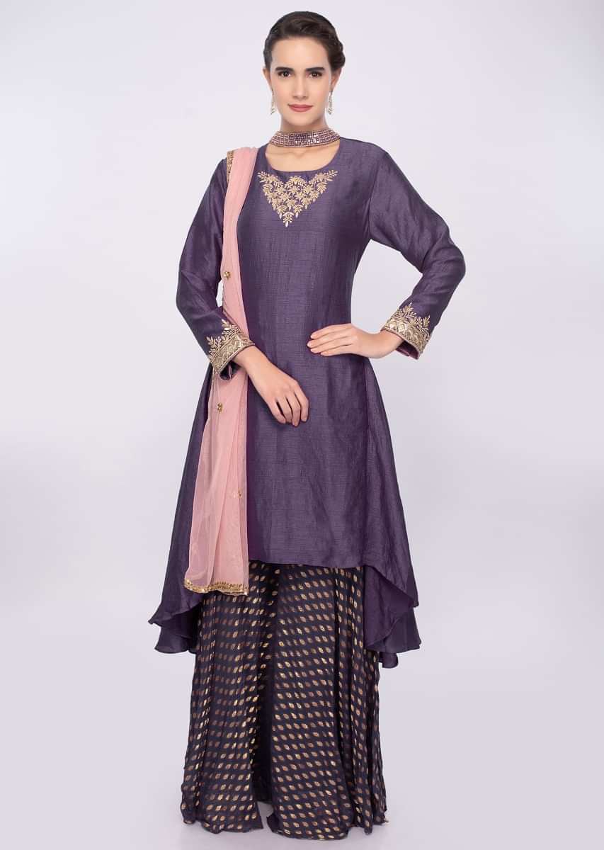 Purple asymmetric suit with weaved palazzo only on Kalki