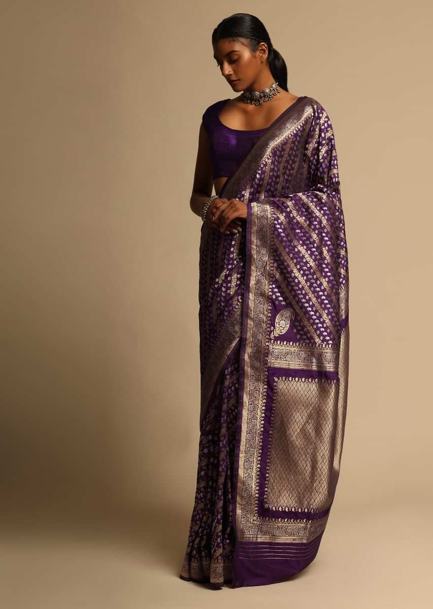 Purple Banarasi Saree In Art Handloom Silk With Woven Floral And Paisley Buttis In Diagonal Pattern Along With Unstitched Blouse Piece  