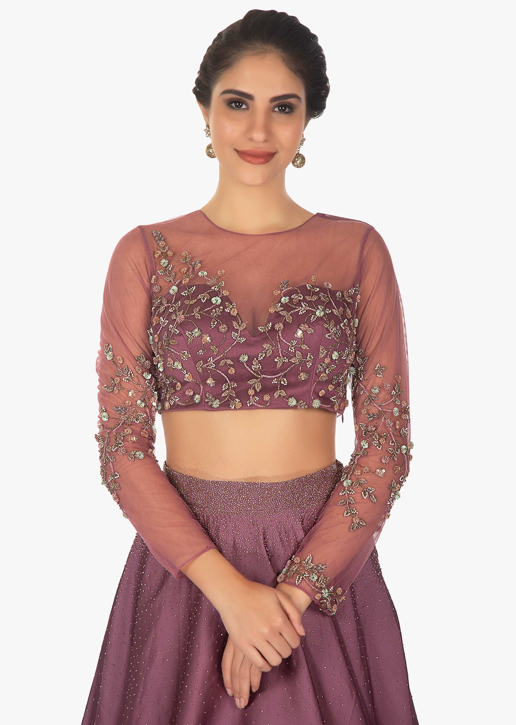 Purple crop top paired with  valintino satin skirt along with net freels dupatta