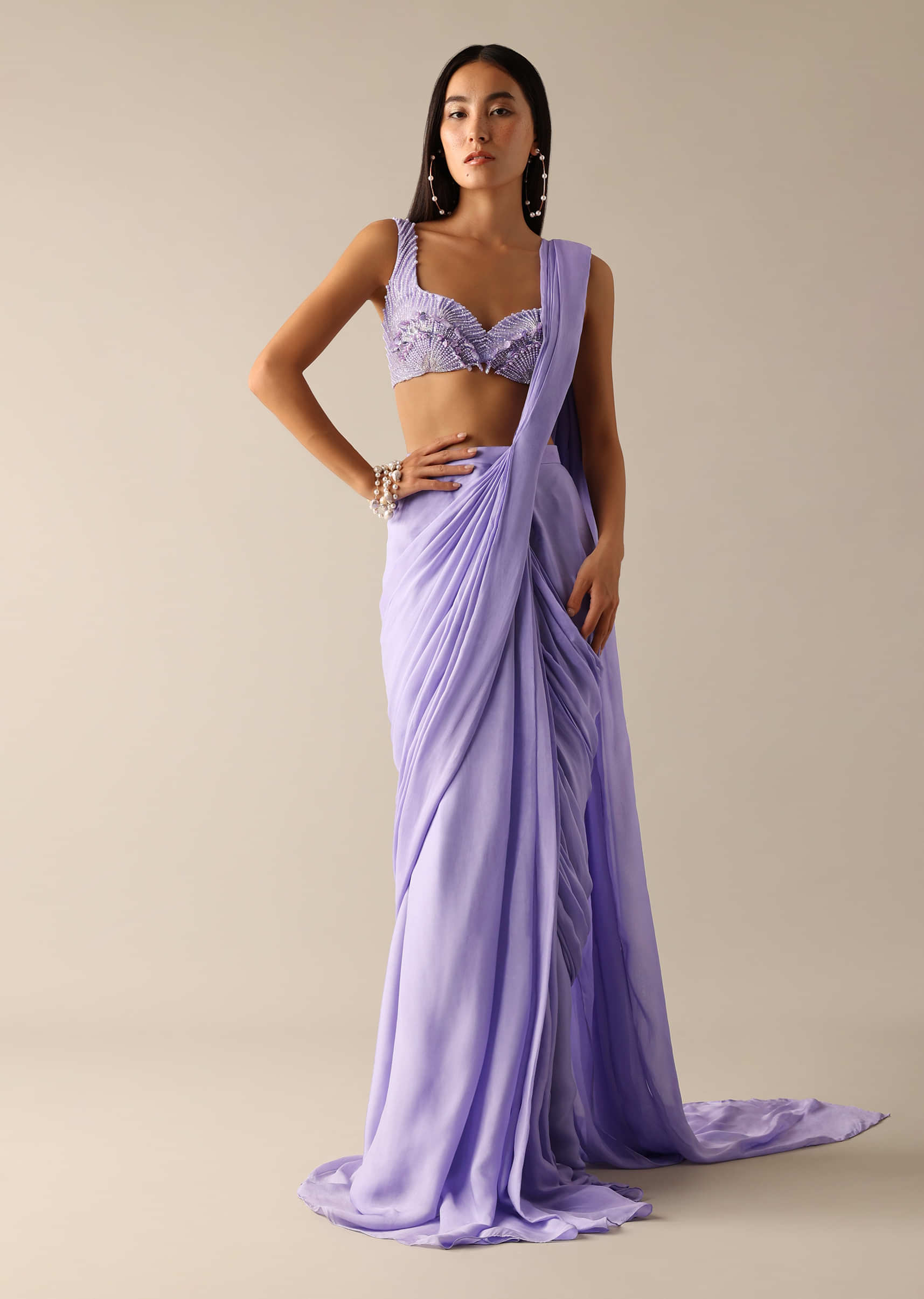 Buy Purple Pre Pleated Saree with Pearl Embroidered Blouse