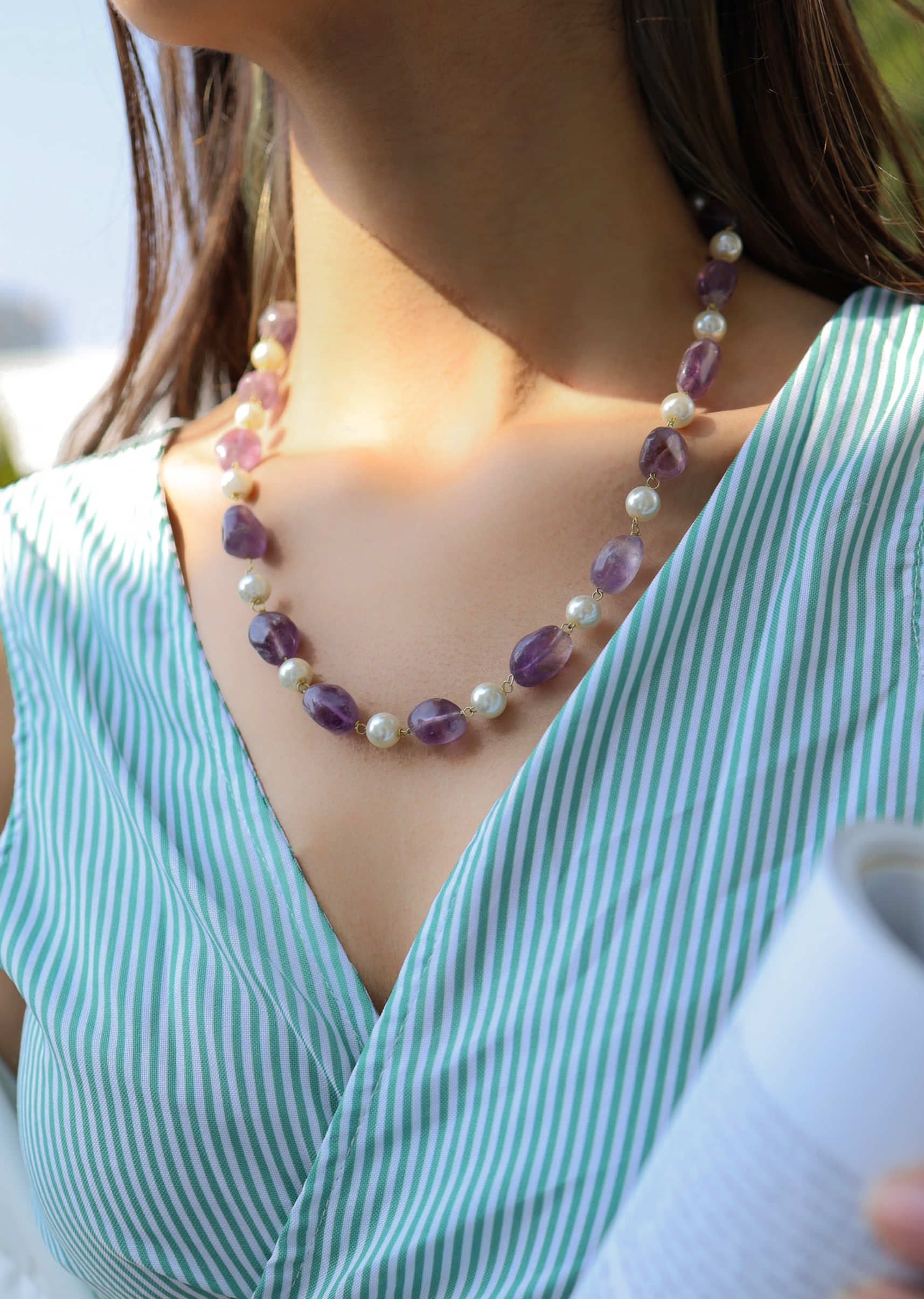 Purple Amesthyst Stone And Pearl Necklace String