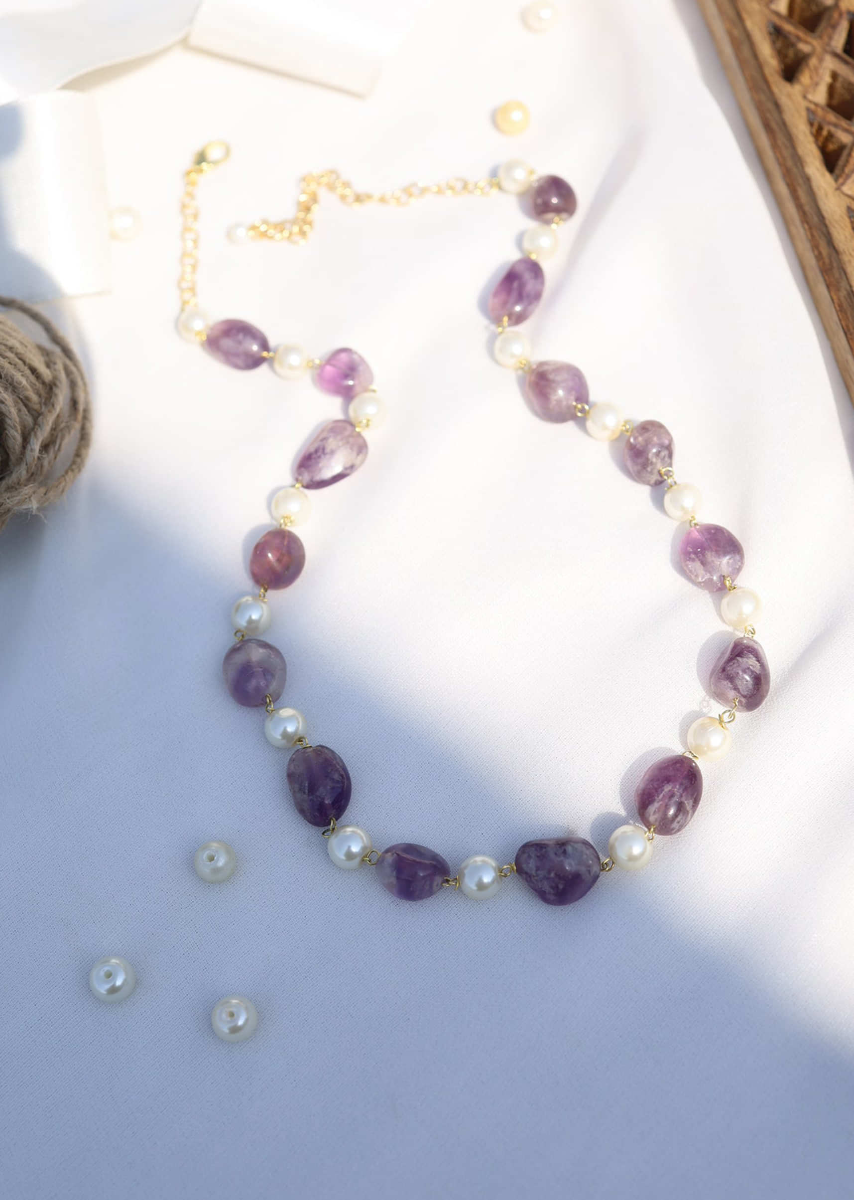 Purple Amesthyst Stone And Pearl Necklace String