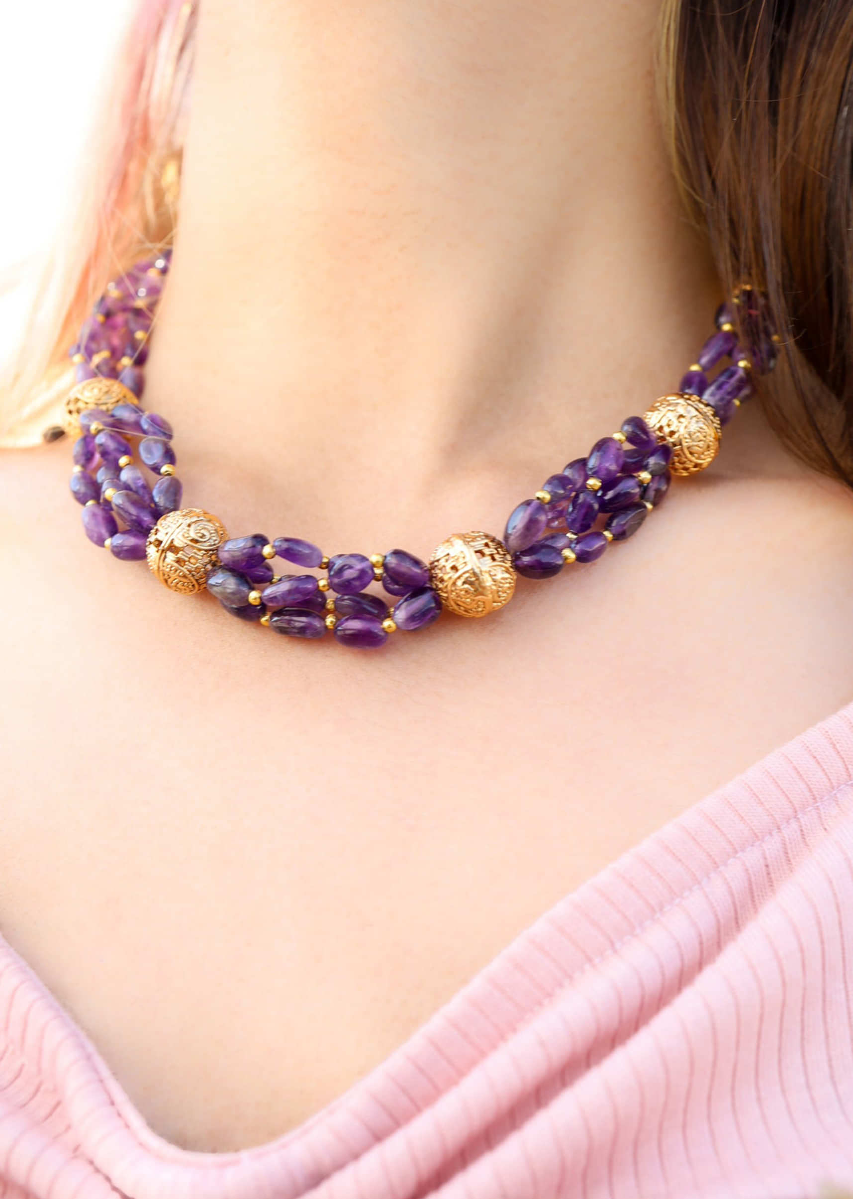 Purple Amesthyst Stone And Pearl Layered Necklace
