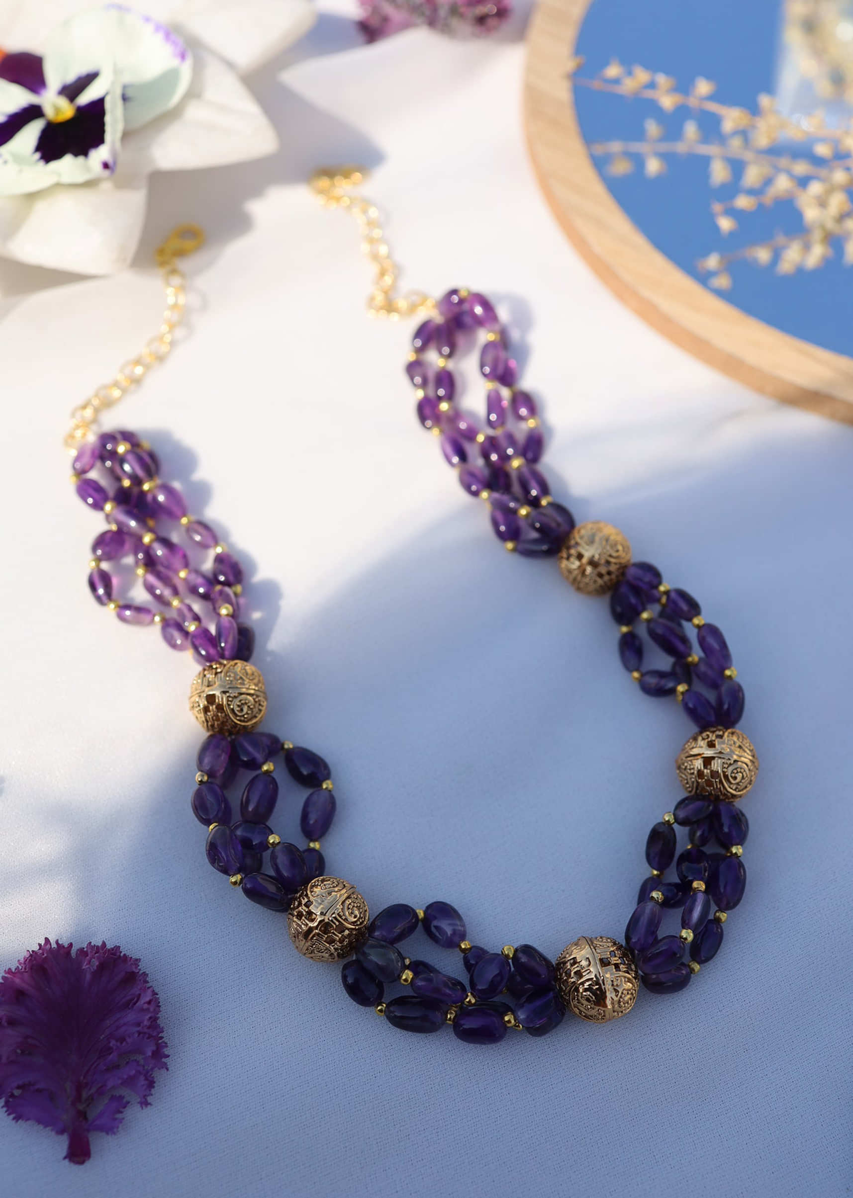 Purple Amesthyst Stone And Pearl Layered Necklace