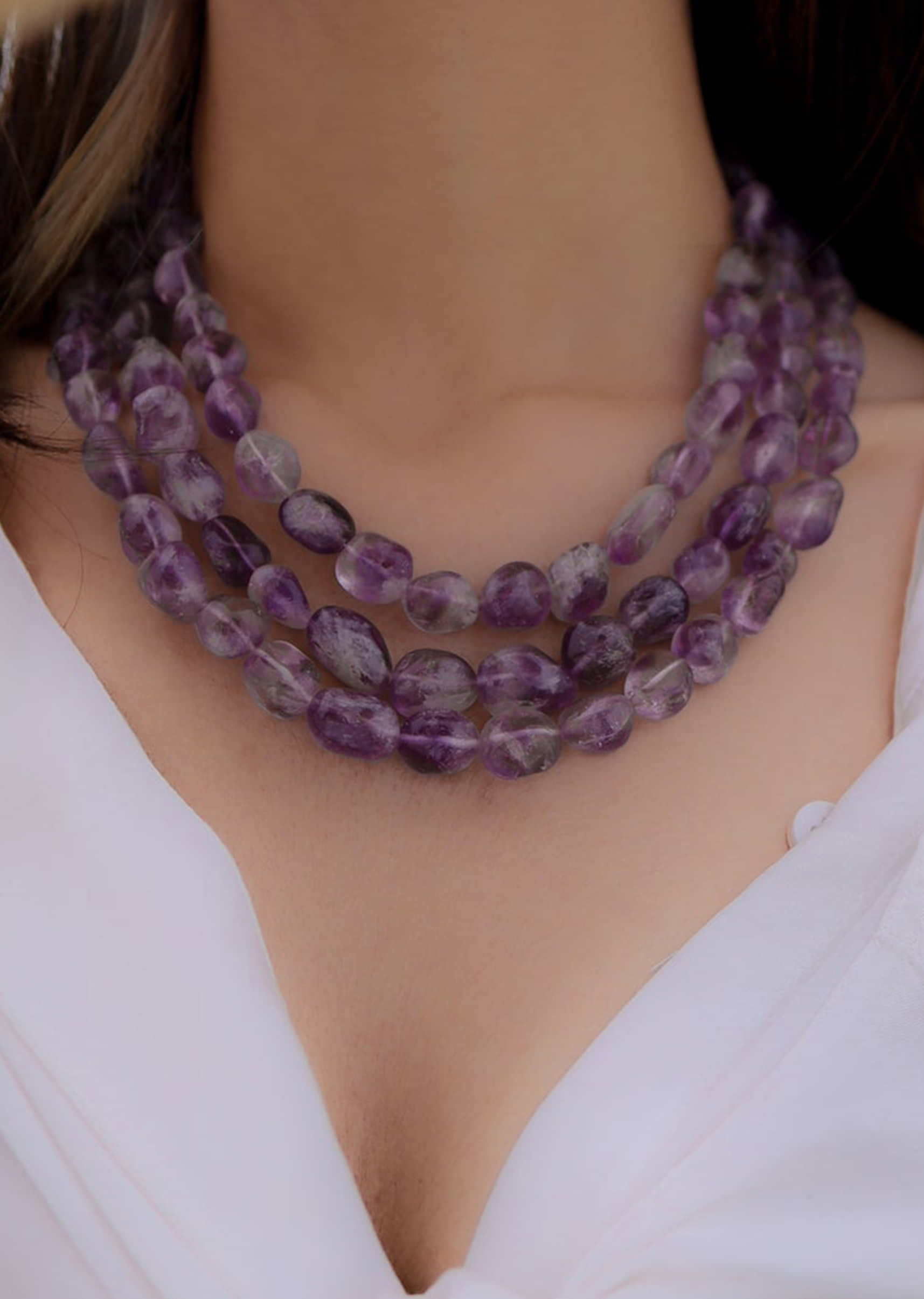 Purple Amesthyst Stone Layered Necklace With Gold Plating