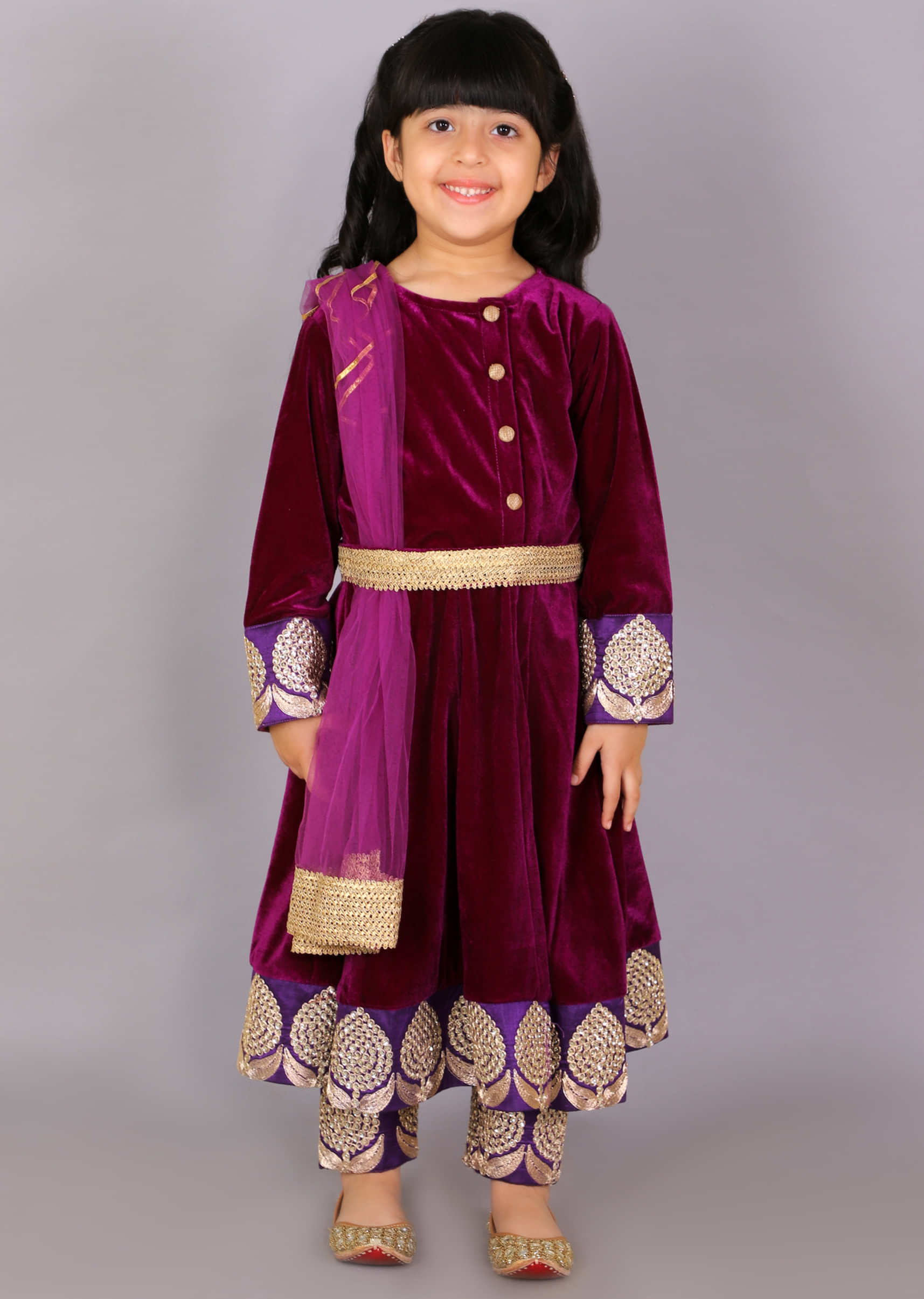 Kalki Girls Purple Anarkali Suit In Velvet With Antique Lace At The Waist And Embroidered Border