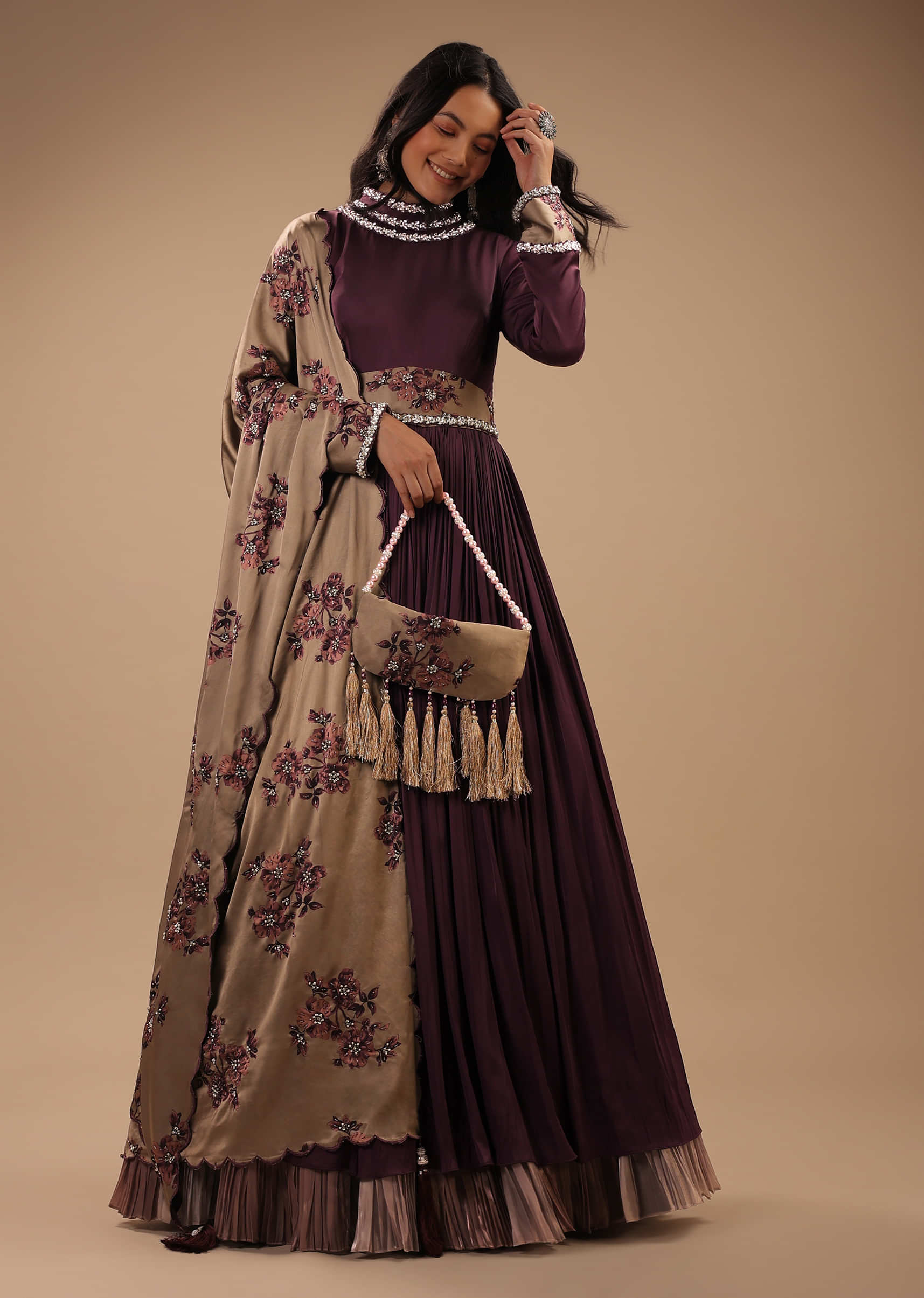 Purple Anarkali Suit With A Floral Printed Dupatta And Heavy Stone Work On Collar And Waist Belt