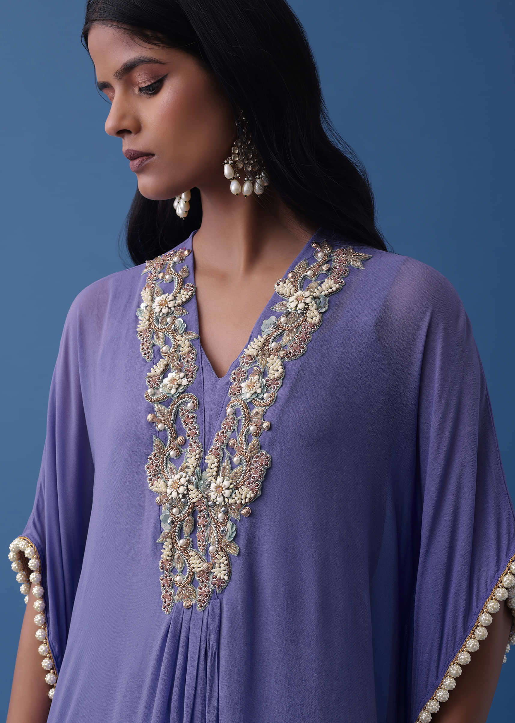 Buy Purple And Lime Green Ombre Kaftan In Georgette With Exquisite ...