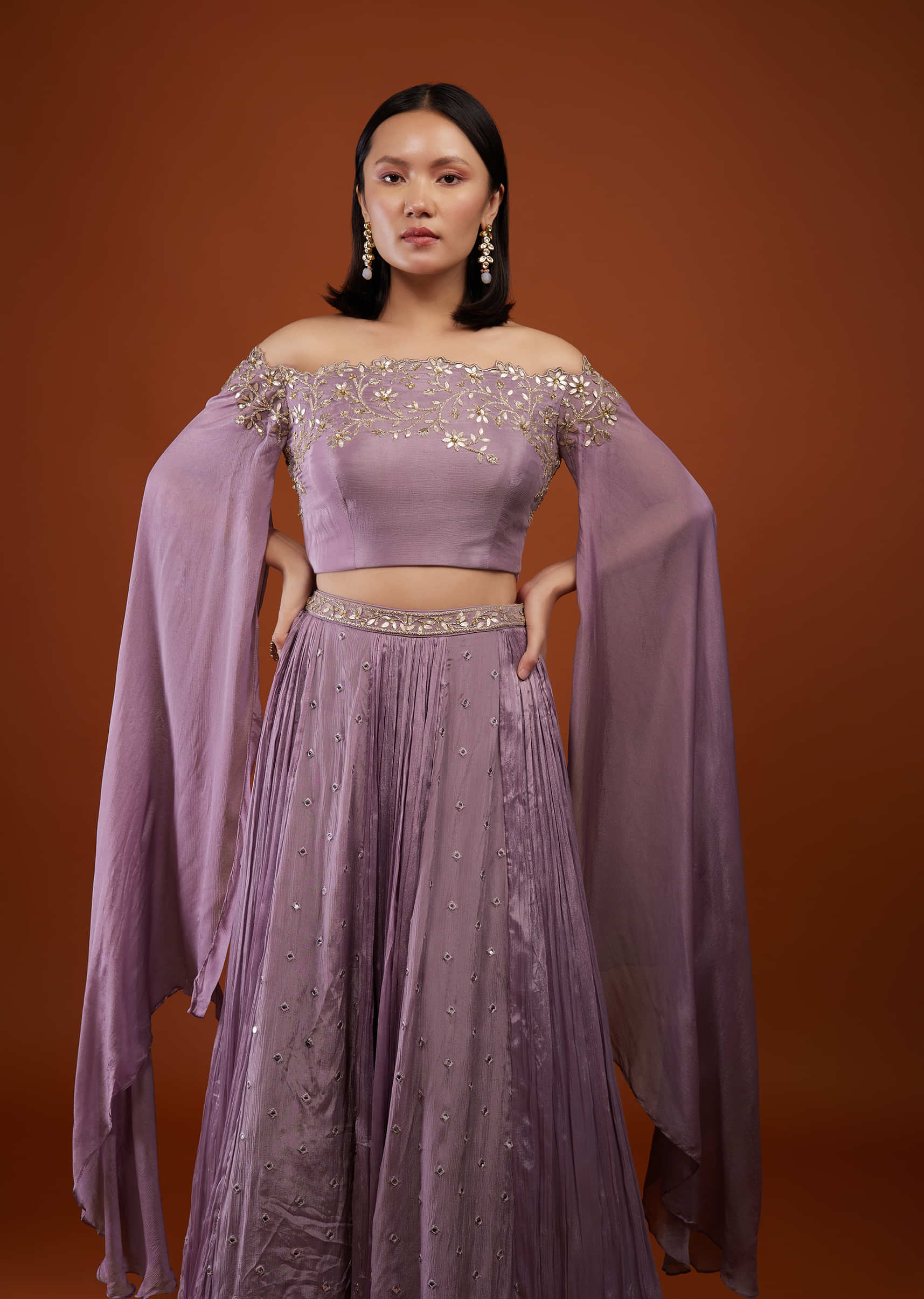 Lilac Purple Ash Skirt And Crop-Top In Chinon With Embroidery