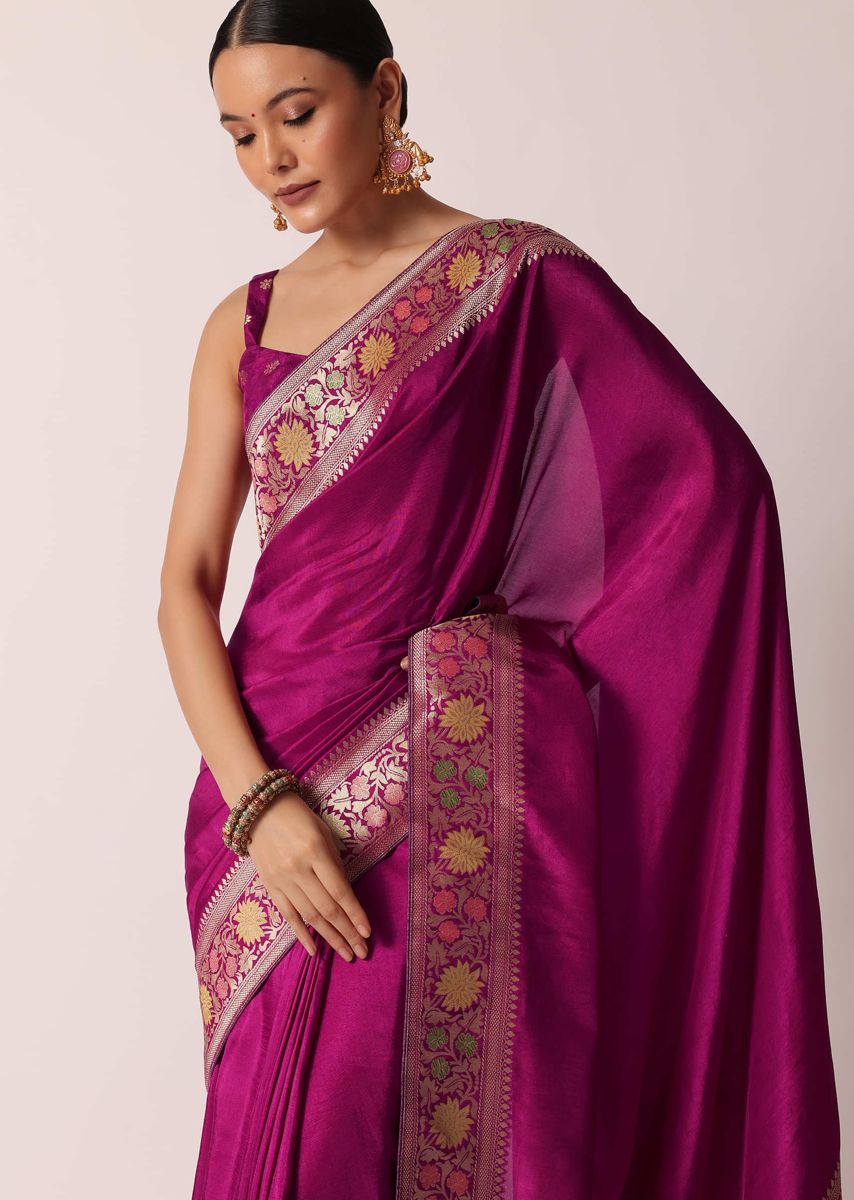 Buy Purple Banarasi Saree With Woven Floral Pallu And Unstitched Blouse ...