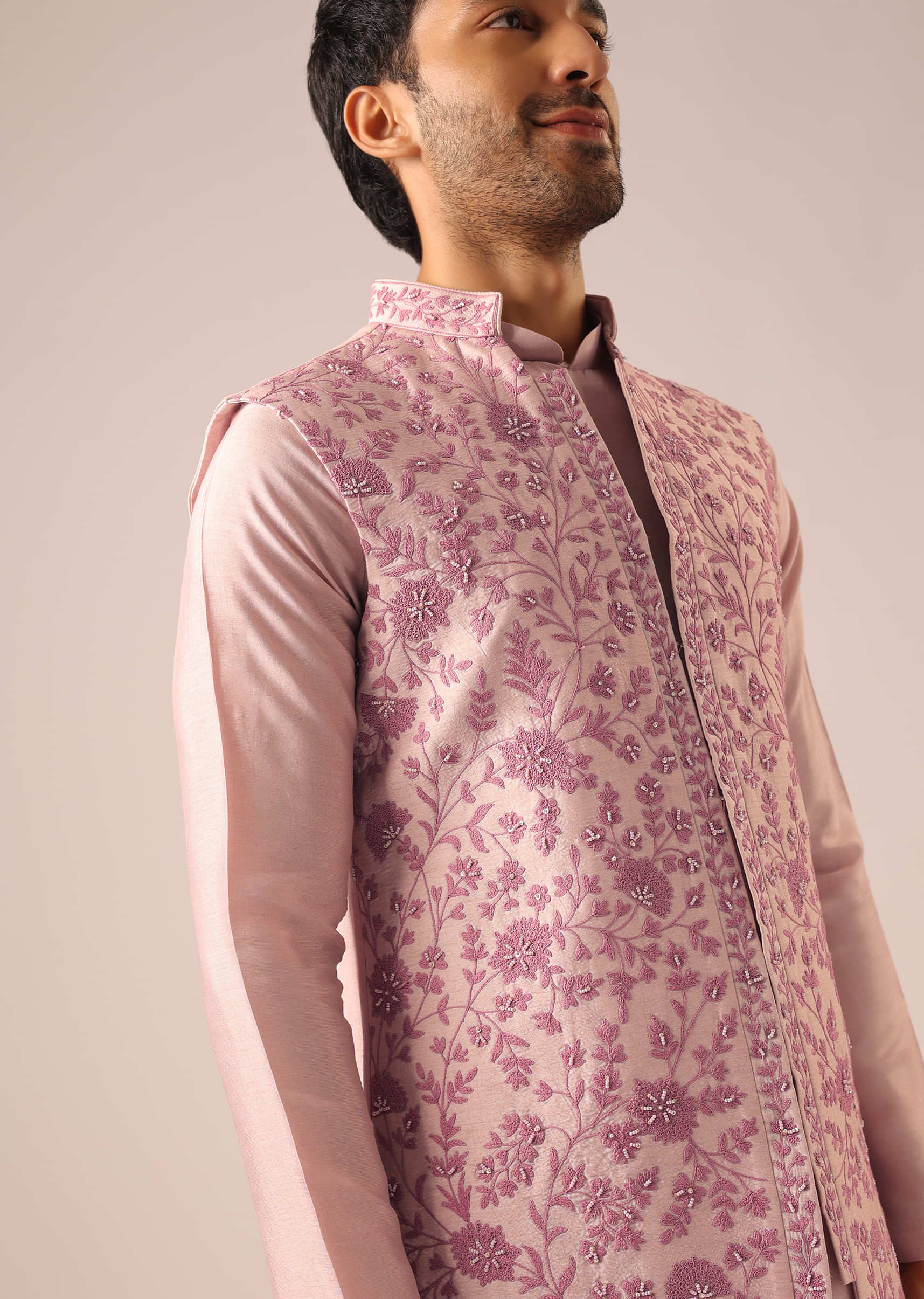 Silk Kurta Pajama with Sequin Embroidery Jacket-gemektower.com.vn