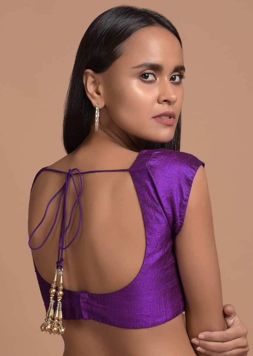 Purple Blouse In Raw Silk With Cap Sleeves And Scooped Neck