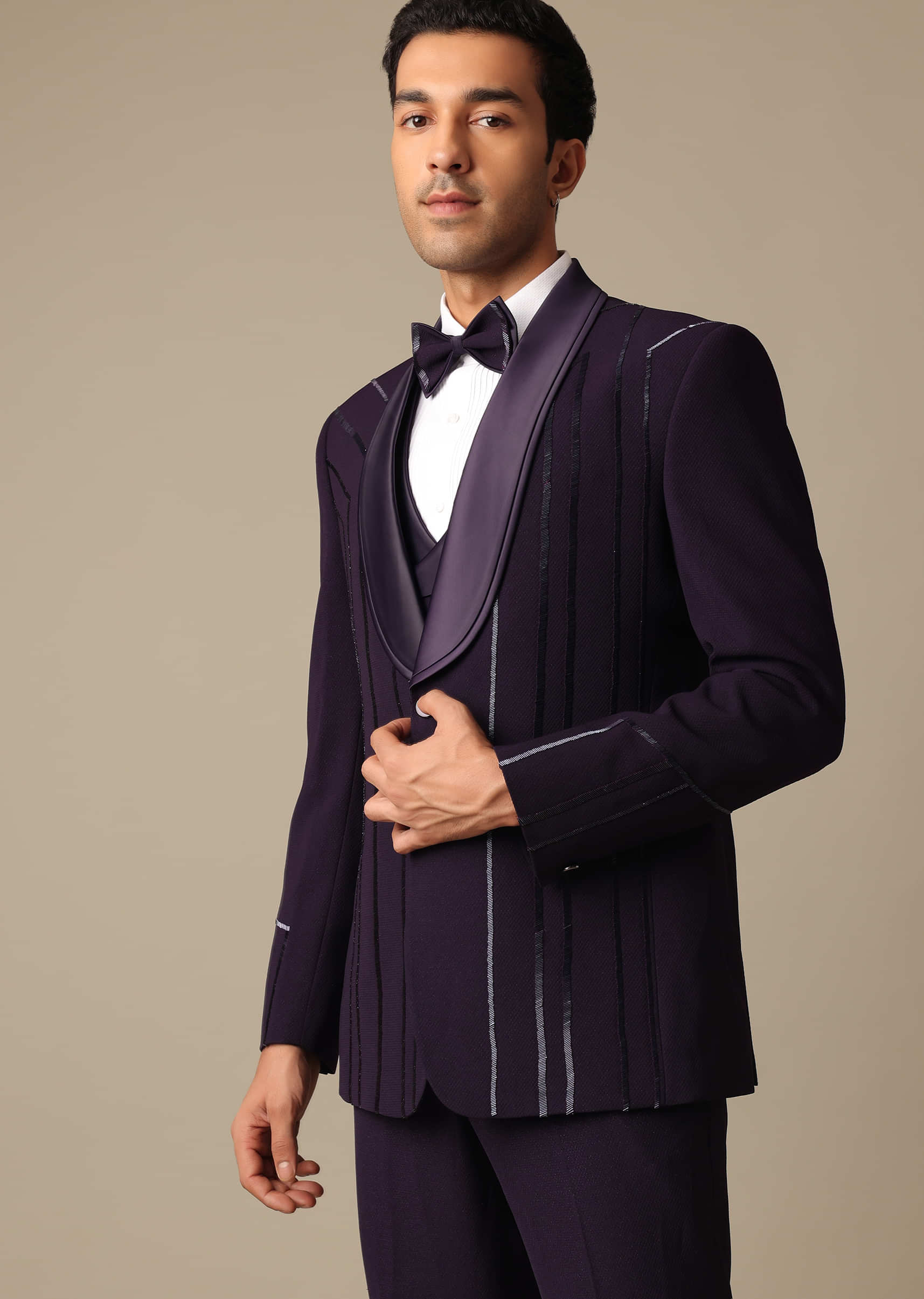 Black Blazer And Pant Set With Embroidered Detail Tuxedo Set