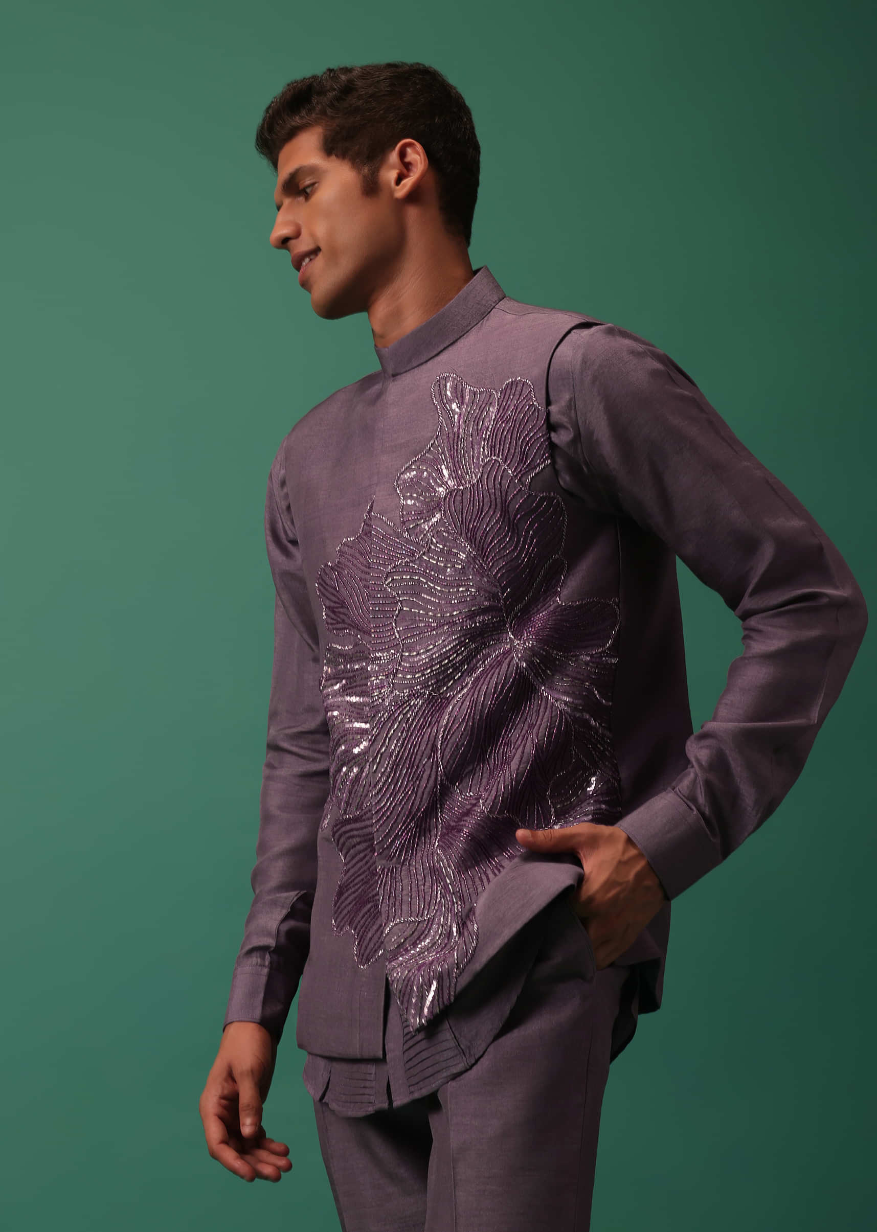 Buy Purple Flower Embroidered Bandi Jacket And Pintuck Shirt Set ...