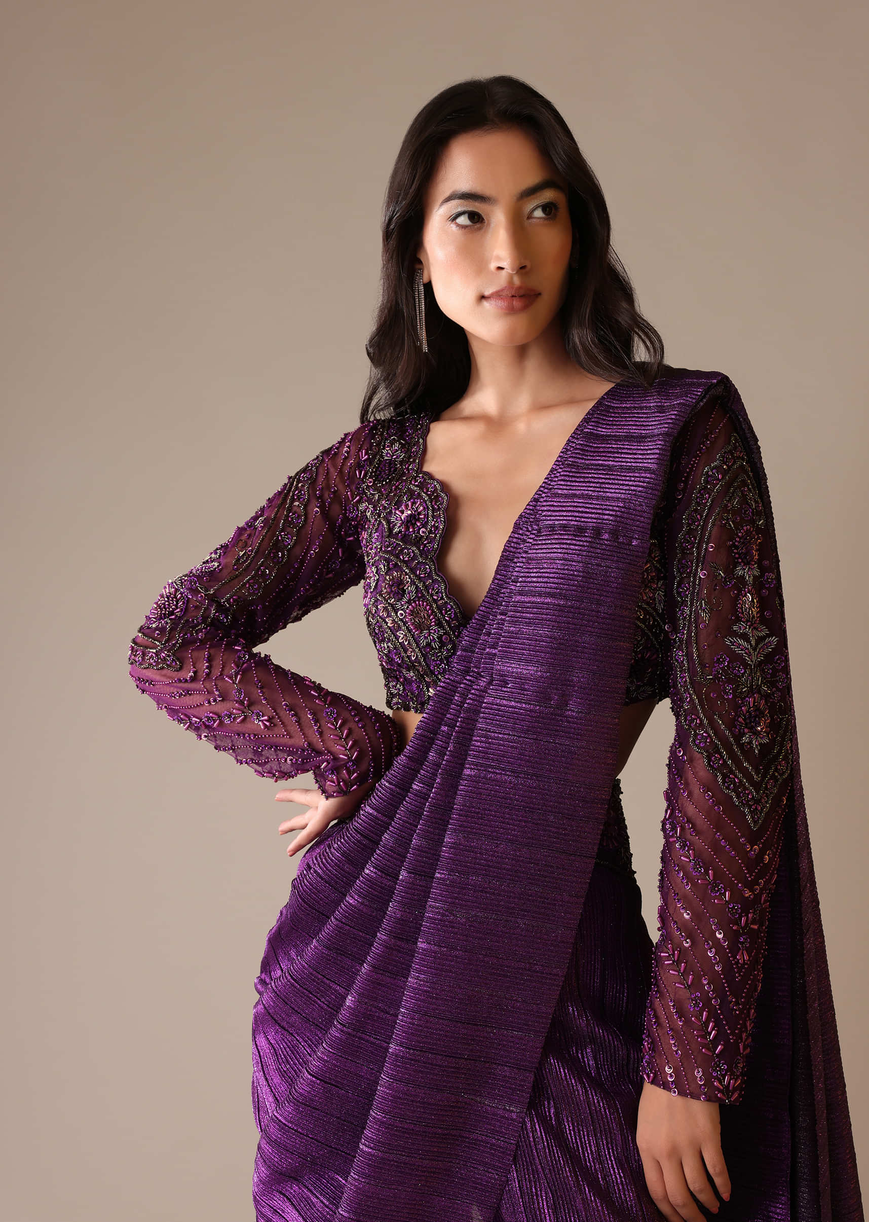 Purple Hand Embroidered Sharara And Blouse Set In Crushed Shimmer