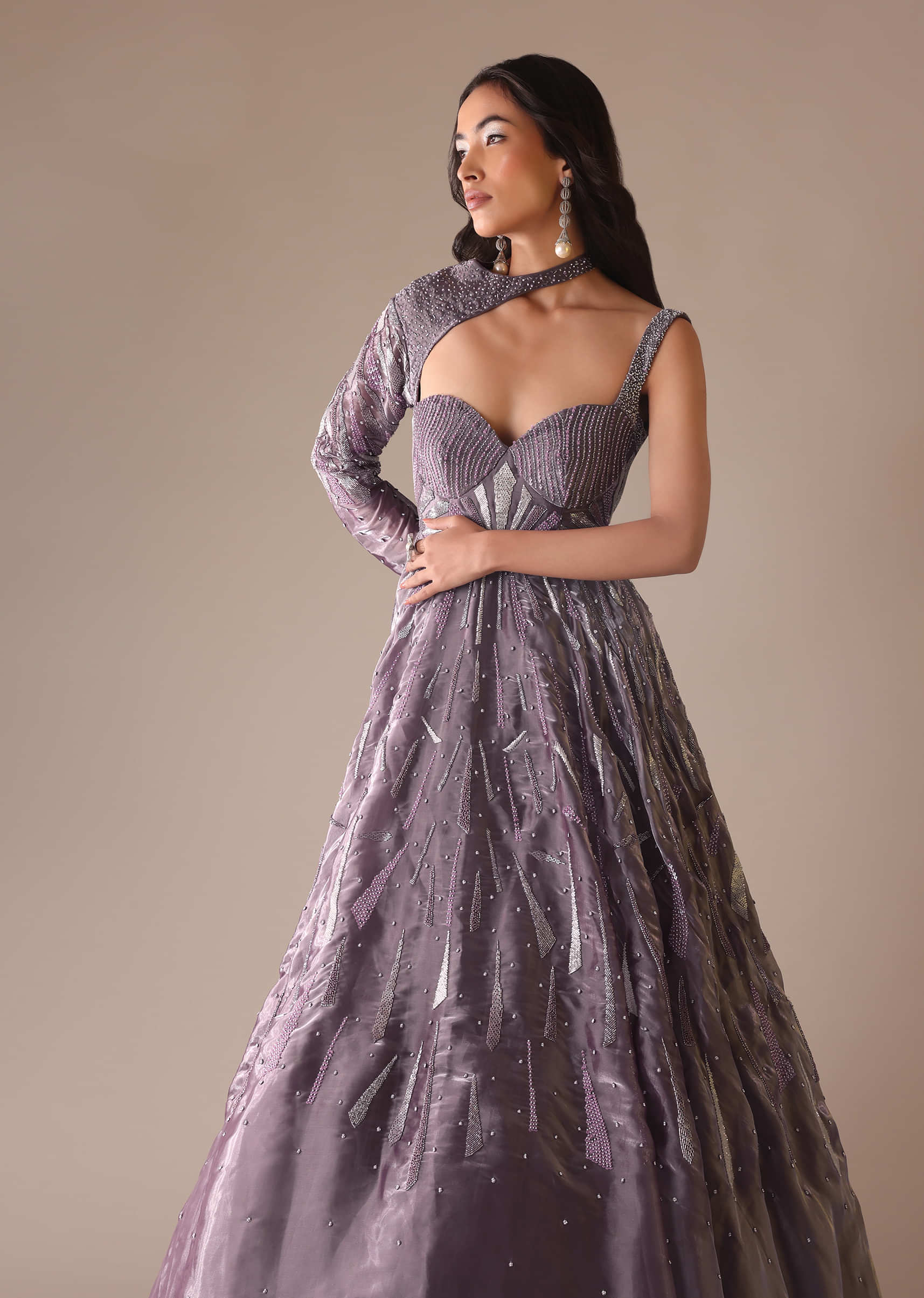 Purple Heavy Embroidered Bridal Gown With Fancy Sleeves