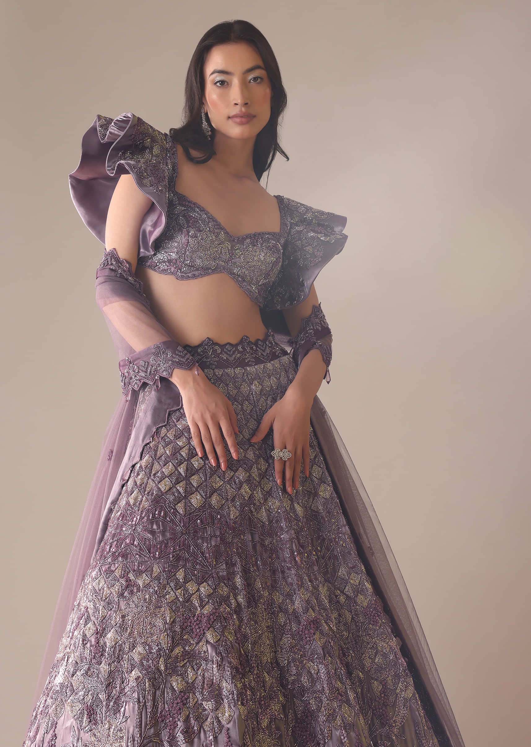 Purple Heavy Geometric Bridal Lehenga With Fancy Sleeves