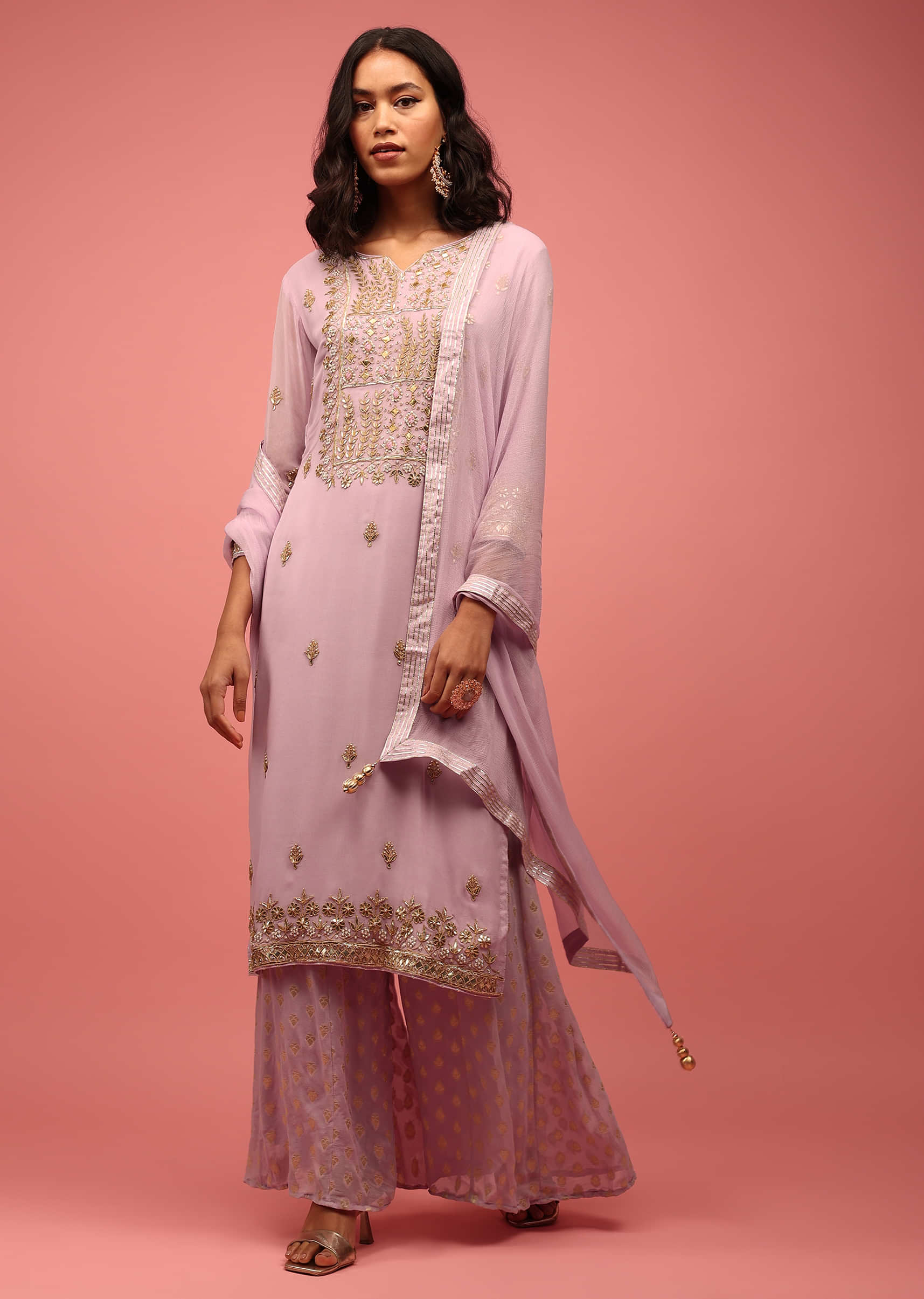 Purple Palazzo Suit Set Hand Embroidered In Georgette With Moti And Gotta Work