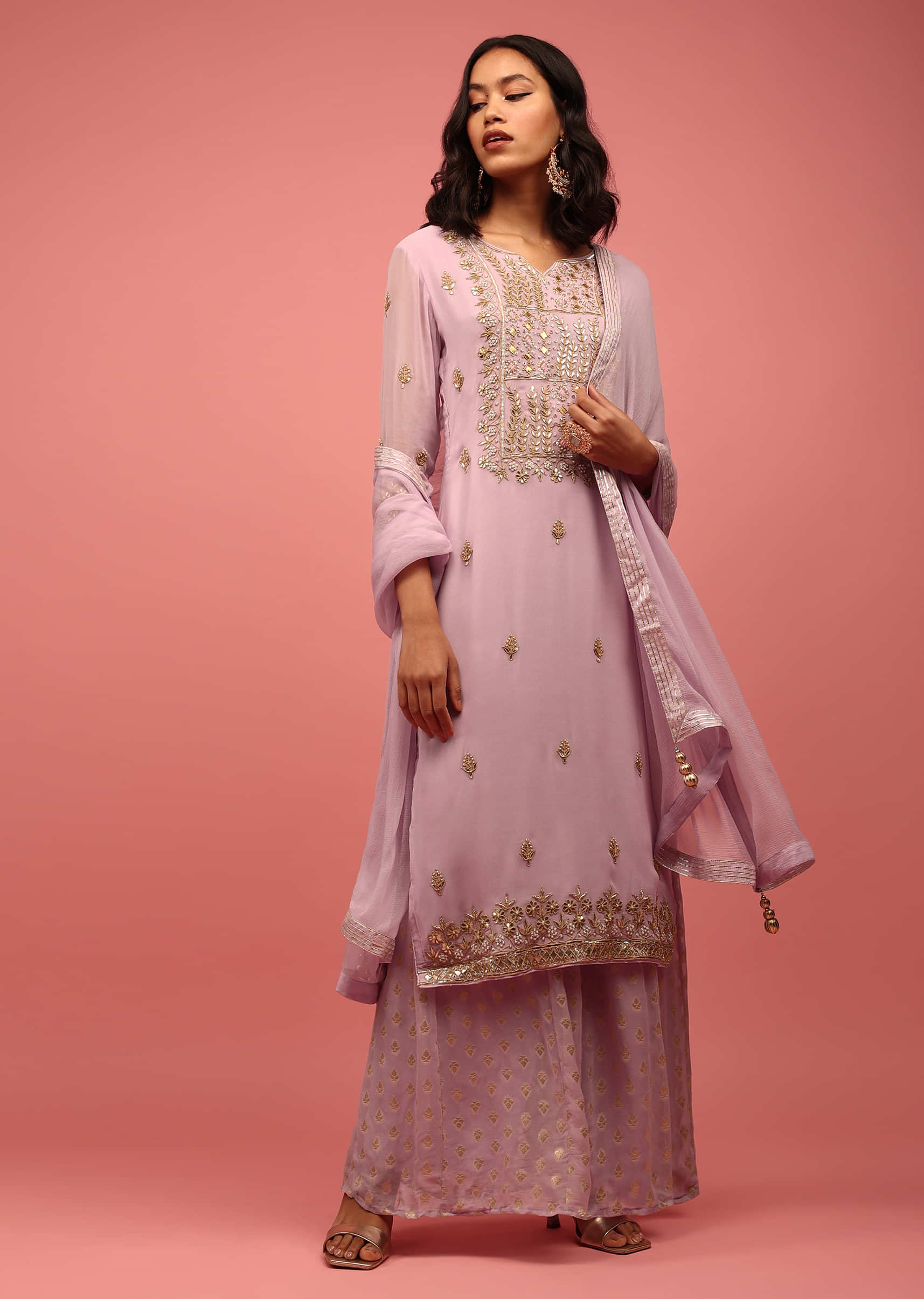 Lavender Purple Palazzo Suit Set Hand Embroidered In Georgette With Embroidery